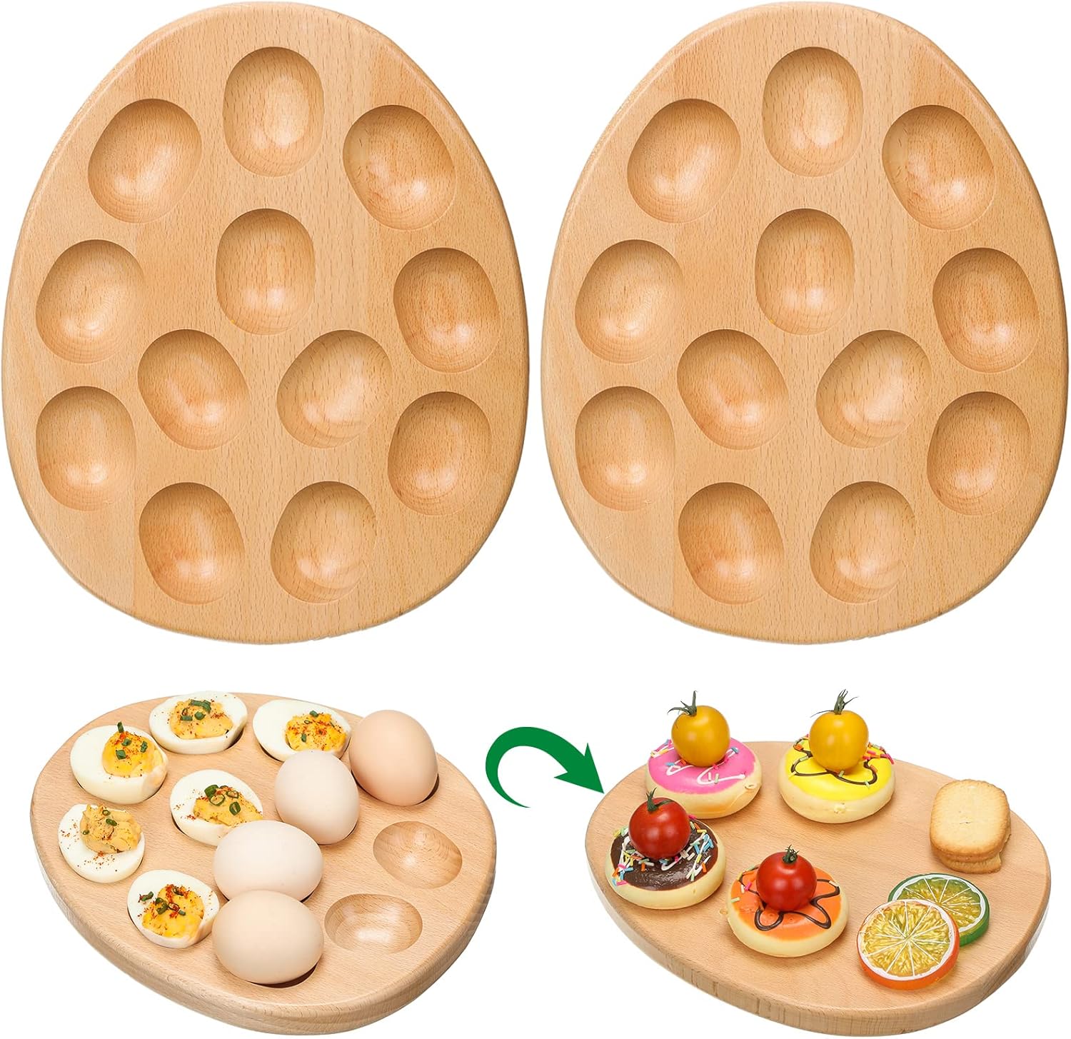 2 Pcs 12 Holes Reversible Wood Deviled Egg Platter and Charcuterie