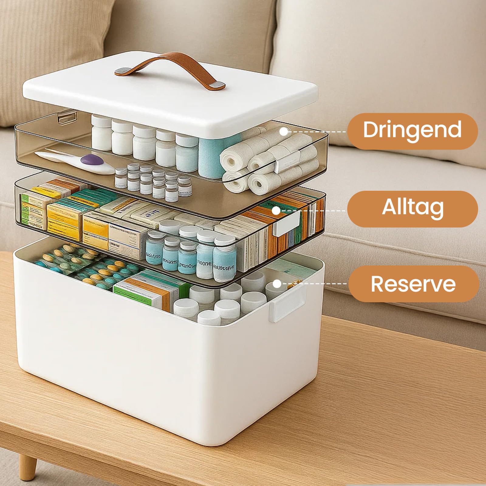 3 Ebenen Medikamentenbox Organizer 34x22x25cm, Weiß | Hausapotheke Medizinbox，Erste-Hilfe-Kasten mit Griff, tragbarer Aufbewahrungskoffer für Zuhause, Reisen, Camping