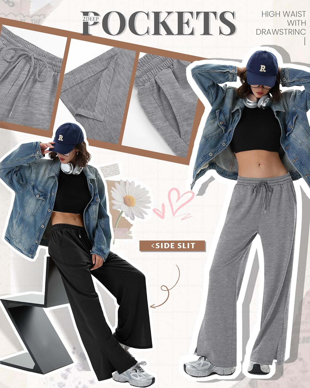 3 Pack Women's Wide Leg Sweatpants Split Hem Lounge Pants Casual Baggy High Waisted Drawstring Sweatpant with Pocket - Image 4