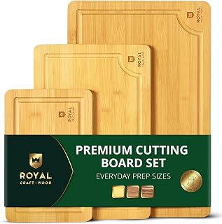 Royal Craft Wood Bamboo Cutting Board Set of 3 - Juice Groove Handles for Kitchen Prep Serving Charcuterie Chopping Meat