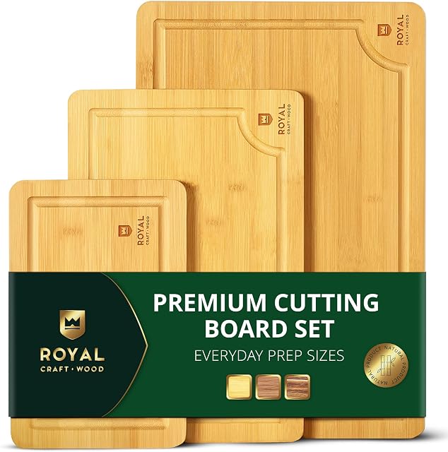 Grand Wood Ensemble de planches à découper pour cuisine - Conseils de coupe de bambou de luxe pour le pain, le fromage, les fruits, les légumes - Panneaux de découpe robustes & Bloc boucher - Conseils de service parfaits pour le service et la charcuterie