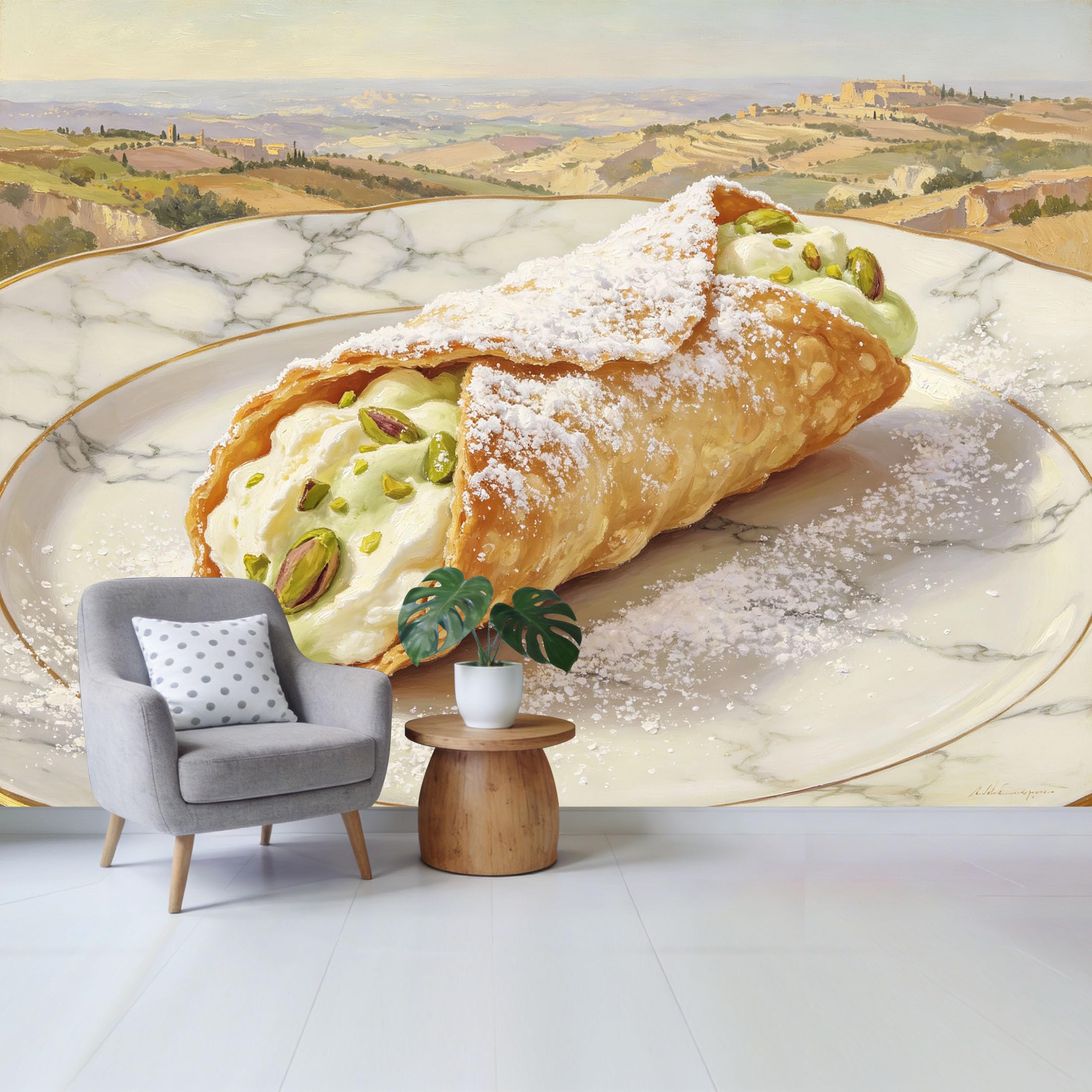Qzlithotic Yq2605250743 Custom Size Wall Mural Gourmet Italian Cannoli Dessert Tuscan Landscape Oil Painting Style Selfadhesive Wall Fabric Removable Wallpaper For Home Office Decor