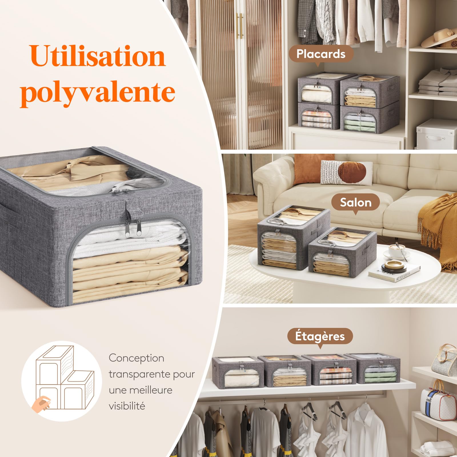 Lifewit Boite de Rangement Robuste avec Cadre en Métal, Sac de Rangement Pliable avec Fenêtre Transparente, Bac Rangement Sous Lit, Organisateur Placard pour Vêtements, Couvertures, 25 L, Lot de 6