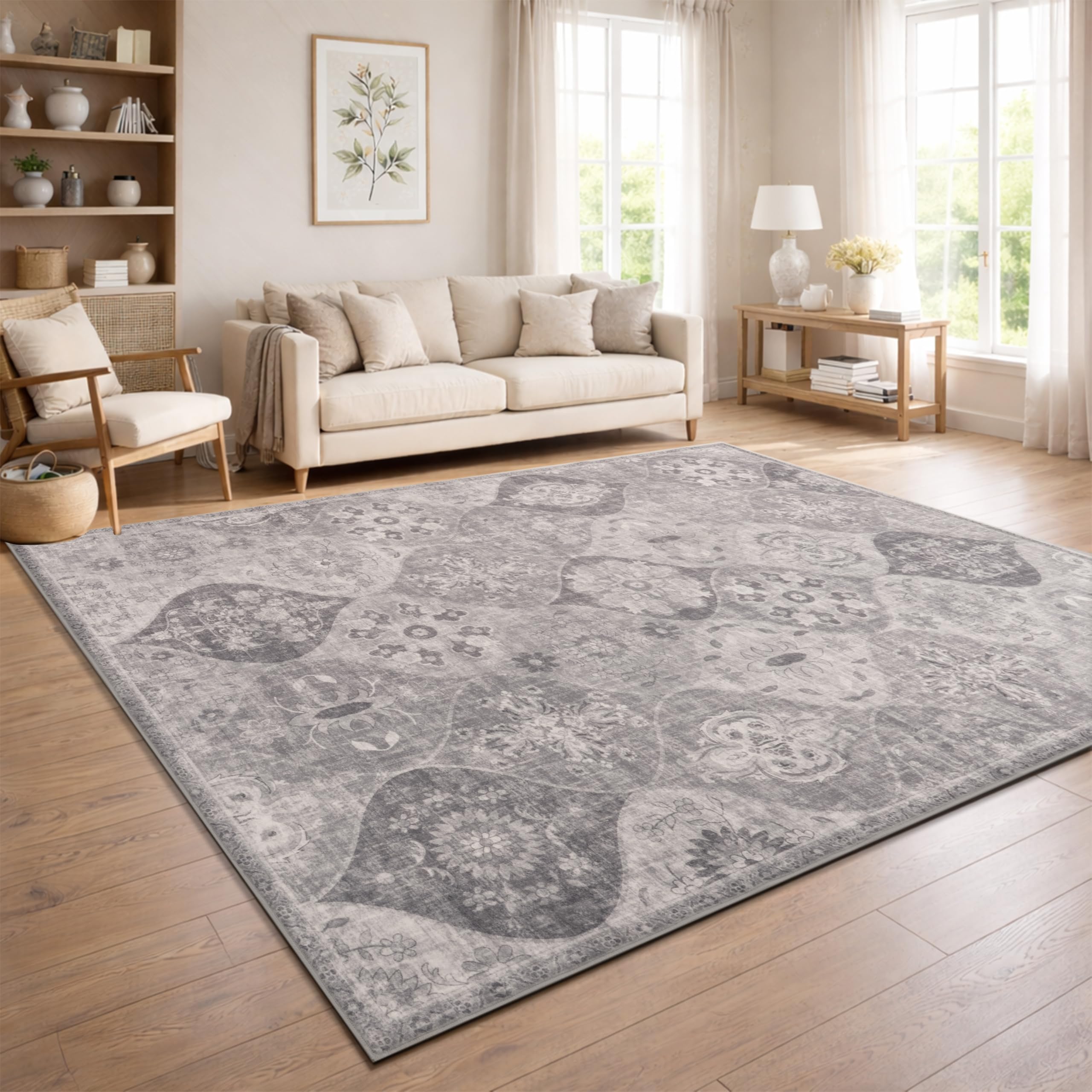 Paco Home Vintage Teppich Läufer Kurzflor Boho Stil Waschbar & rutschfest pflegeleicht modernes Retro Design, Farbe:Grau 1, Größe:80x150 cm