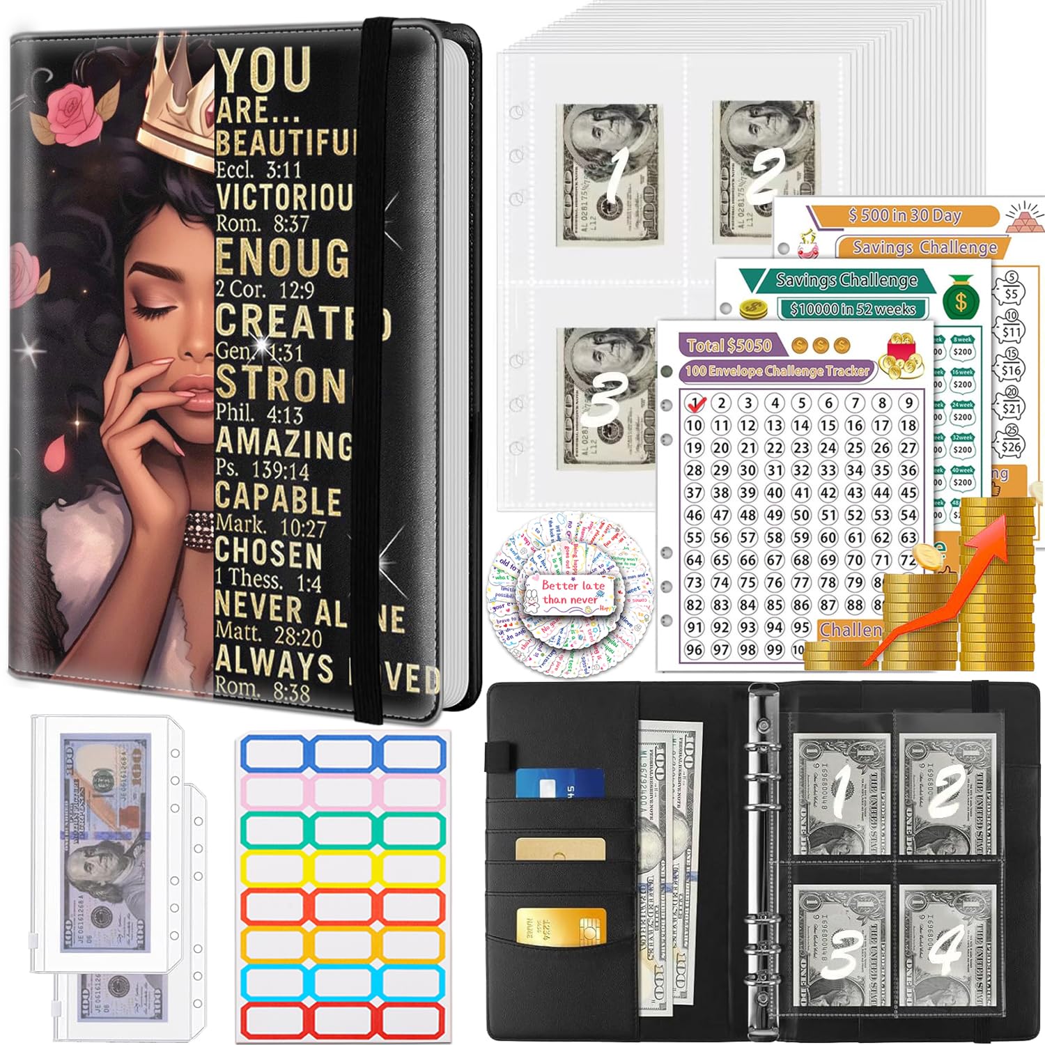 Money Saving Binder, 100 Envelopes Money Saving Challenge, Cash Envelopes Budget Binder & 3 Budgeting Planner Trackers, PU Leathers A5 Money Saving