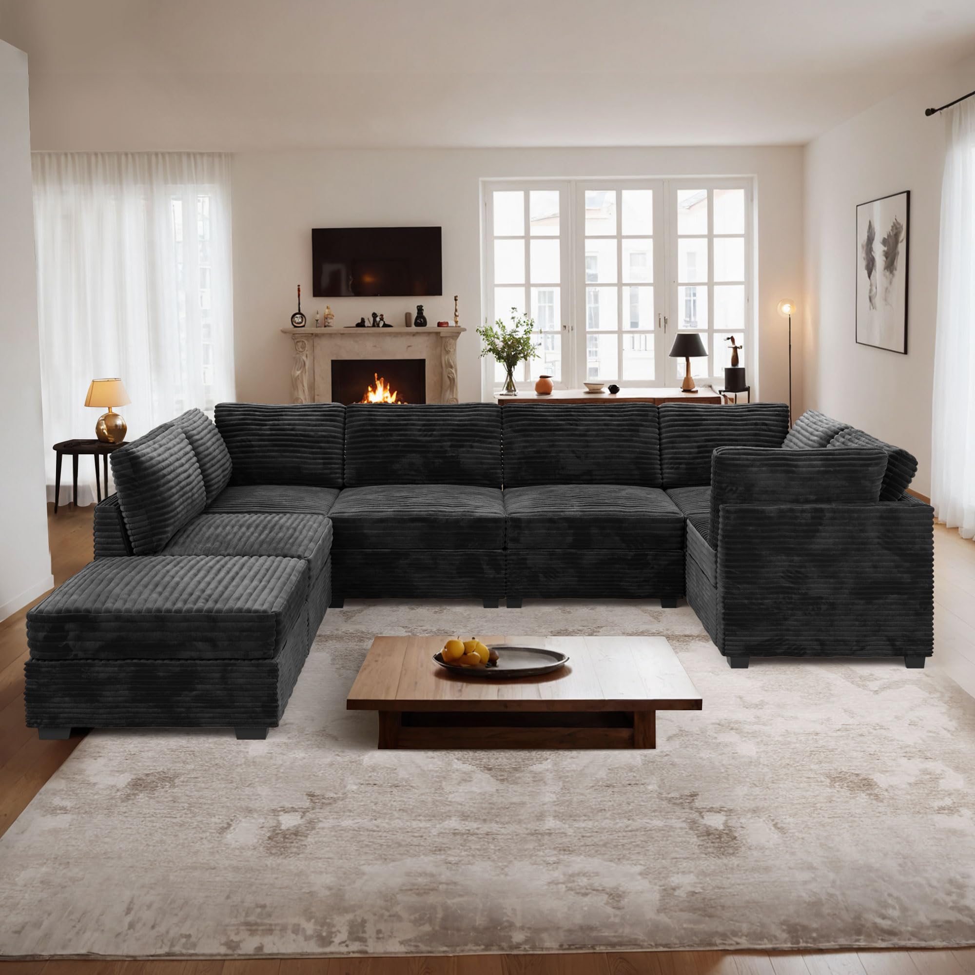 ovios Modular Sectional Sofa Couch with Sofa Bed L-Shape Chaise, Comfy Plush Corduroy Cloud Couches, Modern Deep Seat Sofas Set for Living Room, 7-Seater, Black 7-Seats, Sofa Bed Black