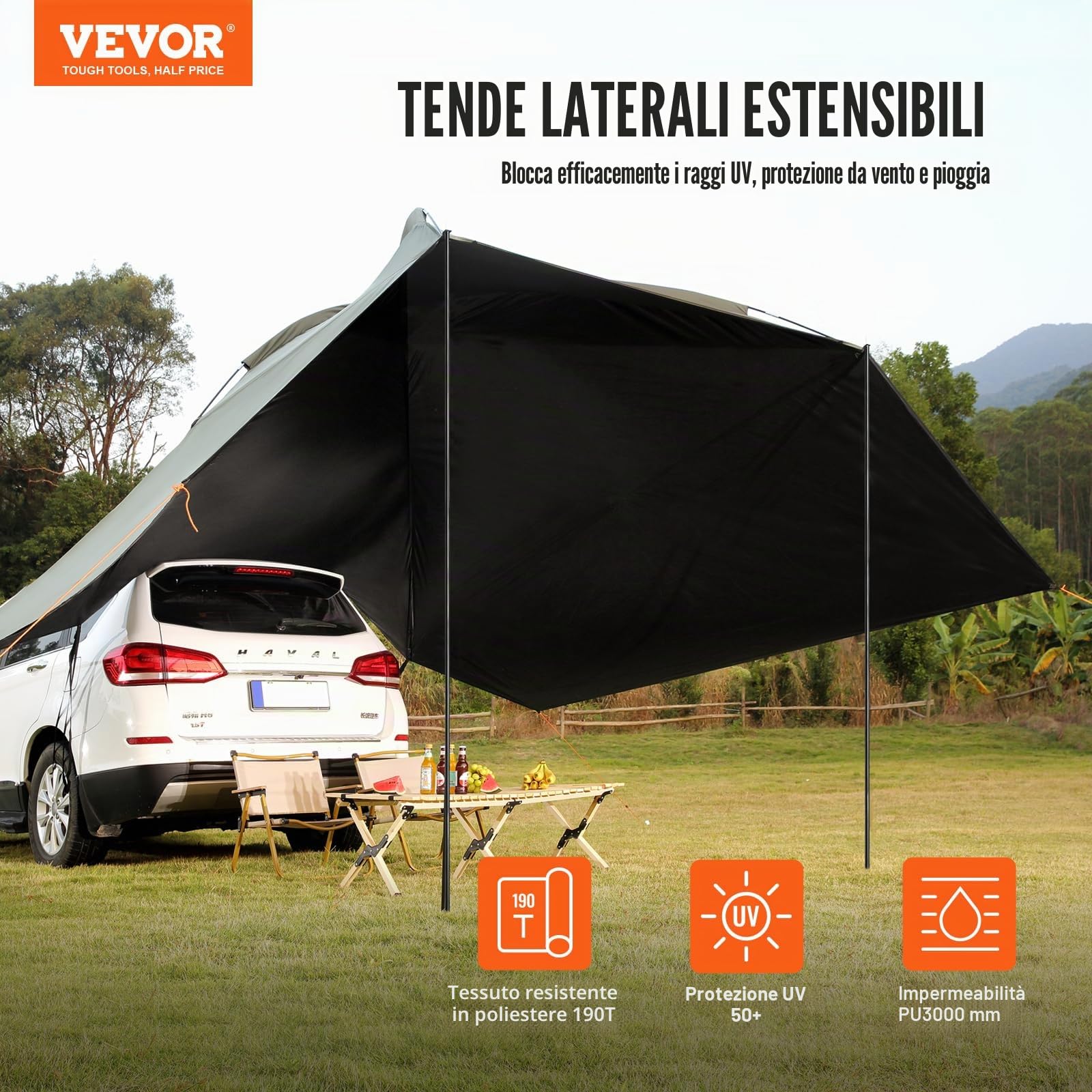 VEVOR Tendalino Auto 3x2,1m Tenda Laterale per Auto di Grandi Dimensioni PU2000mm UV50+ Resistente al Sole/Acqua/Vento con Borsa Portatile Tendalino Laterale/Posteriore per Camion SUV Furgoni Camper