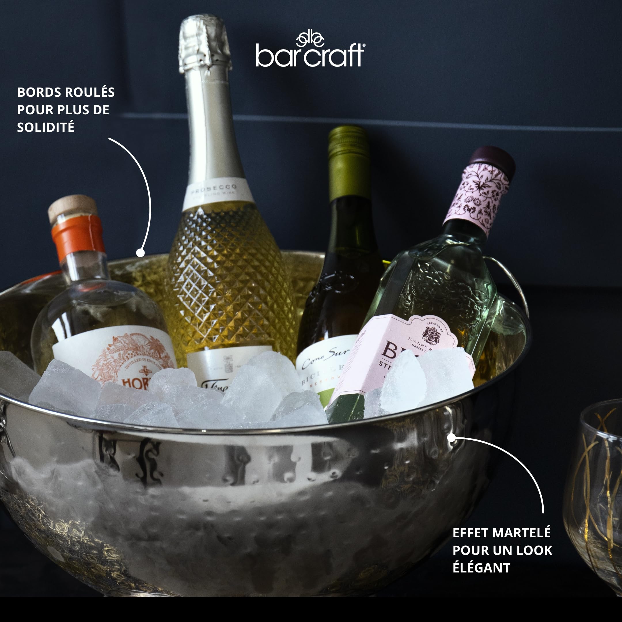 Barcraft Seau À Champagne En Acier Inoxydable Martelé, Refroidisseur De Bière, De Boissons Et De Vin, 37 X 25 cm, Étiqueté Cadeau, Silver