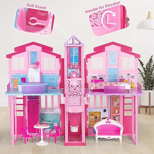Miniatura 2 de Casa de muñecas plegable grande, casa de muñecas de 36 pulgadas para muñecas de 12 pulgadas, casa de princesa portátil con ascensor, cama, lavabo y