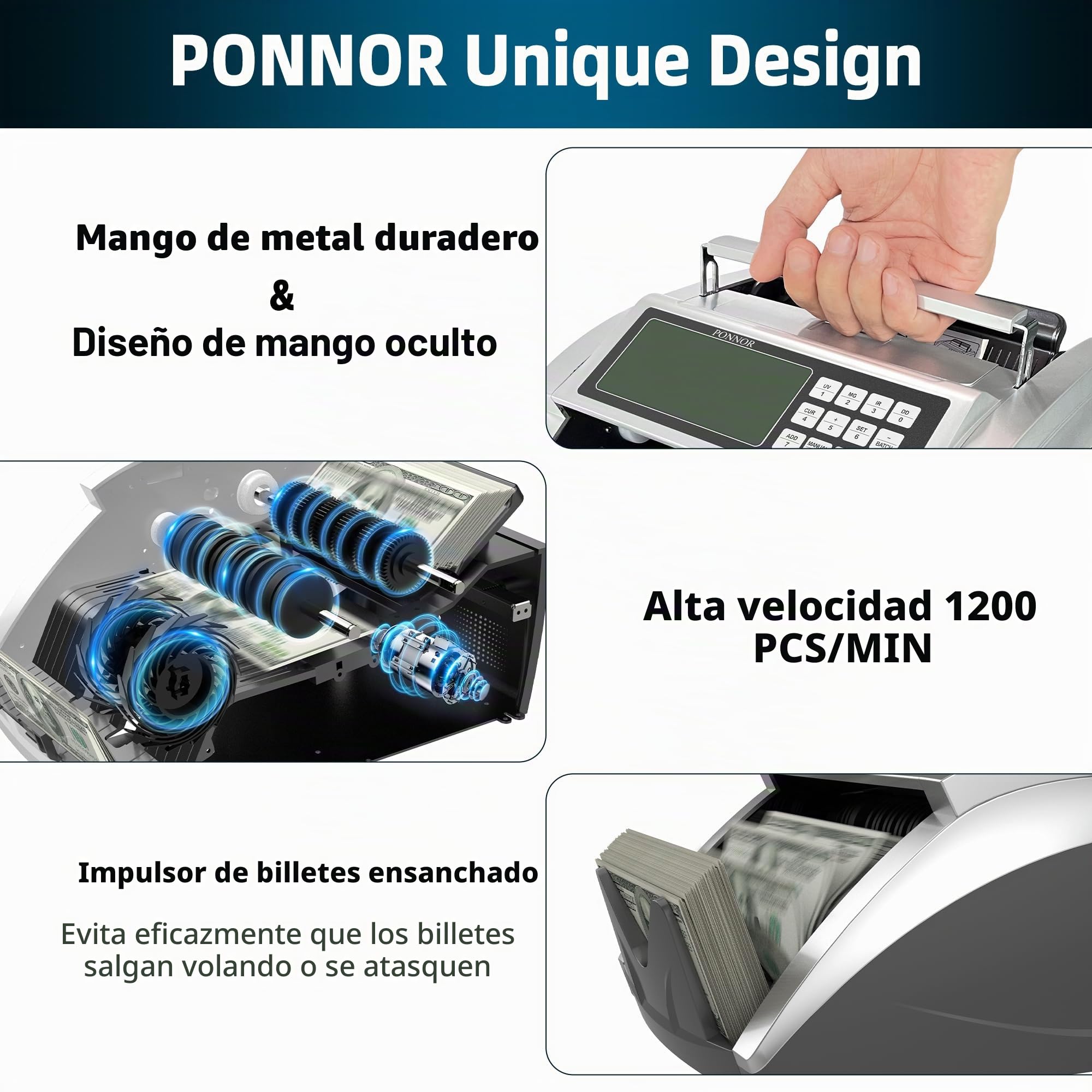 PONNOR Máquina contadora de dinero con contador de billetes de valor, contador de efectivo para dólares, euros con detección de billetes UV/MG/IR/DD/DBL/HLF/CHN, modo añadido/bat/valor con pantalla