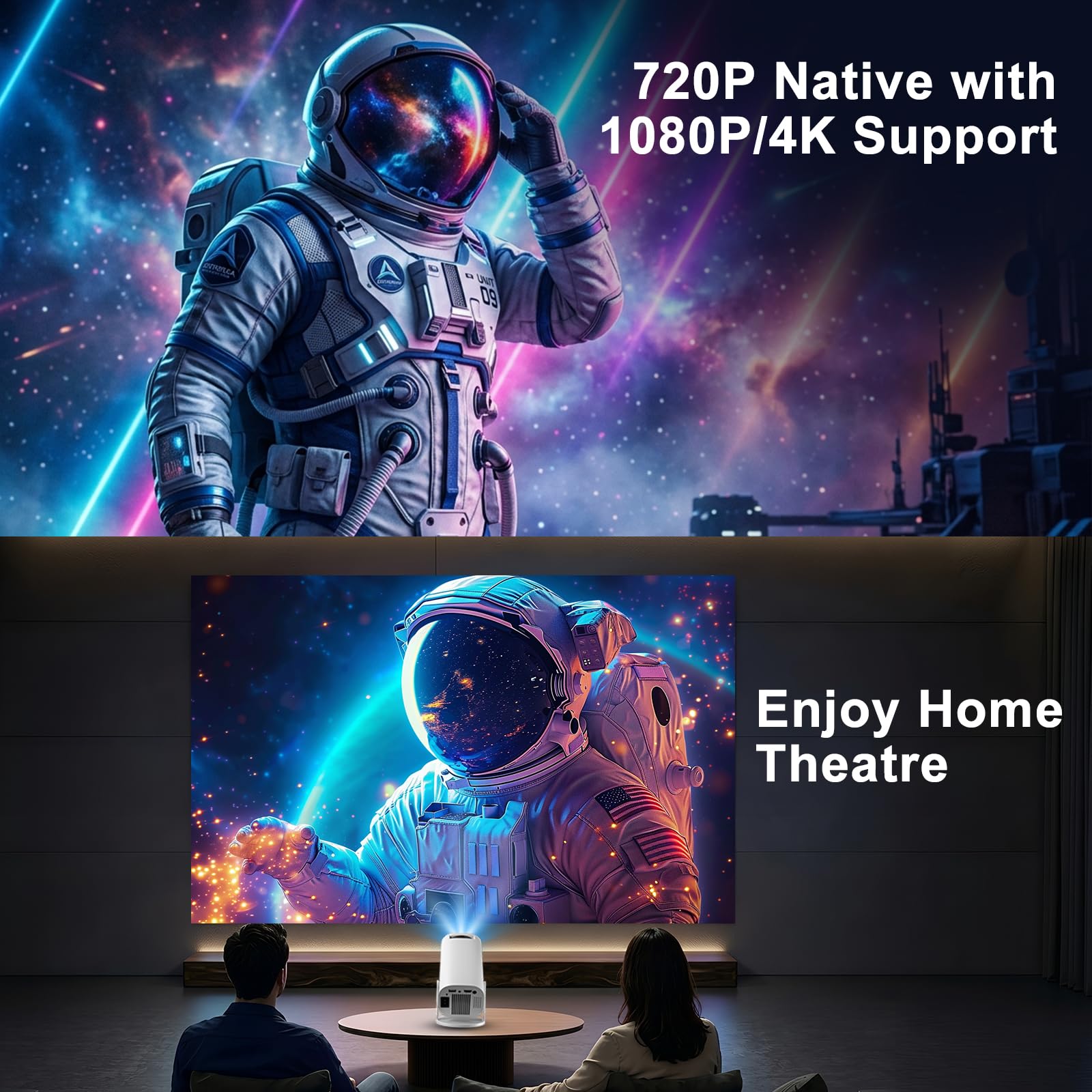 Mini Beamer 4K Unterstützt, Tragbarer Projektor mit WiFi 6 BT 5.4, Auto Keystone, 180° Dreh, weiß