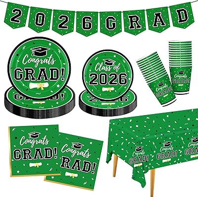 Decoraciones de Graduación 2026 - Kit de Vajilla Desechable Verde para 25 Invitados