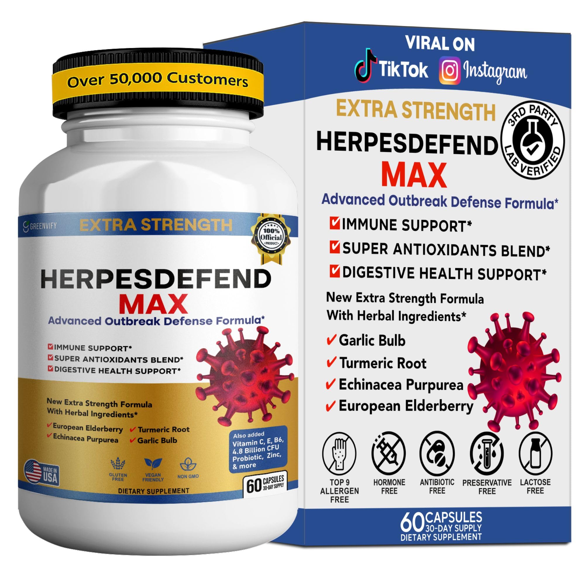 Herpes Defend Max, Extra Strength Advanced Defense Formula, 60 Capsules, with Elderberry, Echinacea, Turmeric, Garlic, Vitamins and Probiotics