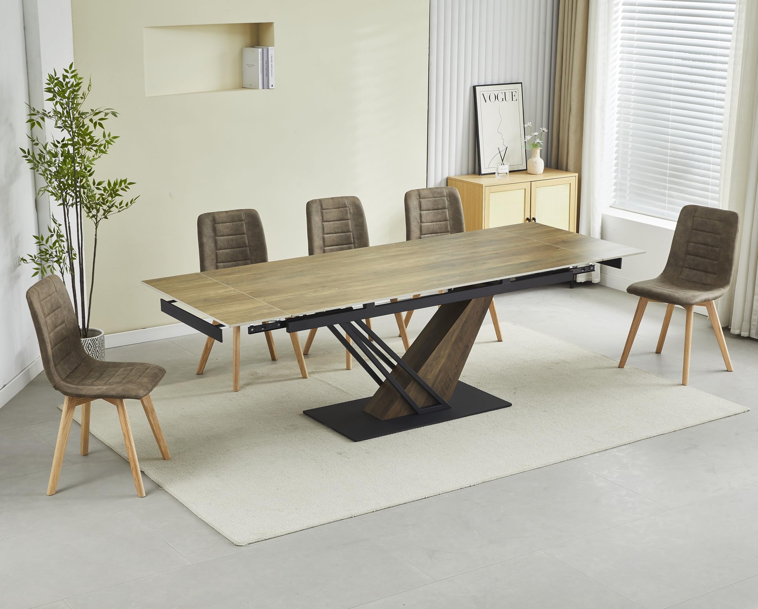 Casa Vital Marna Table de salle à manger extensible avec plateau en céramique aspect chêne 180-240 cm, 2 étagères, structure en métal avec revêtement en poudre, centre moderne, capacité de charge de