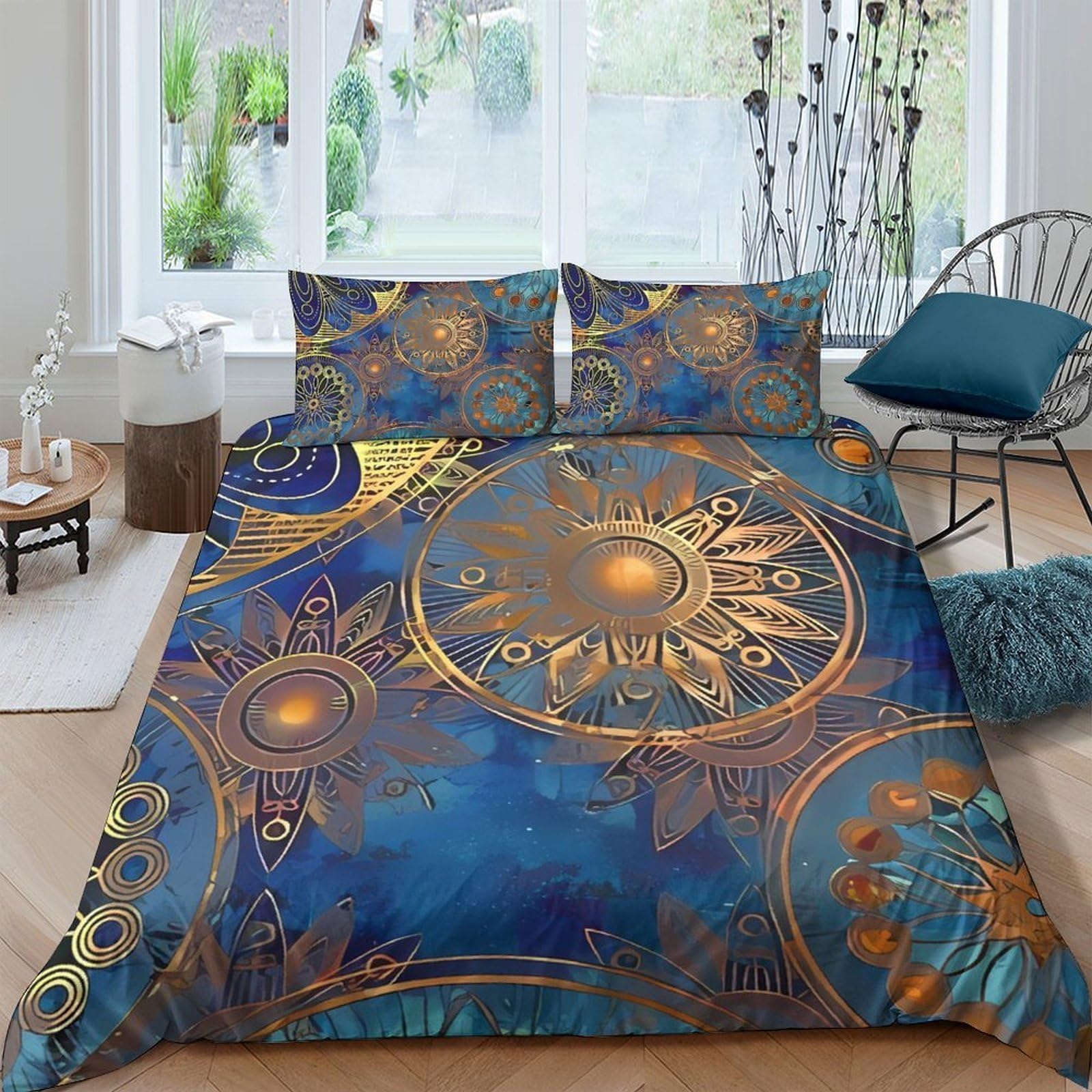 Ctjqhvkz Style-4 3D Printed Golden Sun Mandala Fitted Sheet Microfiber Soft Blue Abstract Bed Cover For Bedroom Guest Room Decor Single（135X200cm）