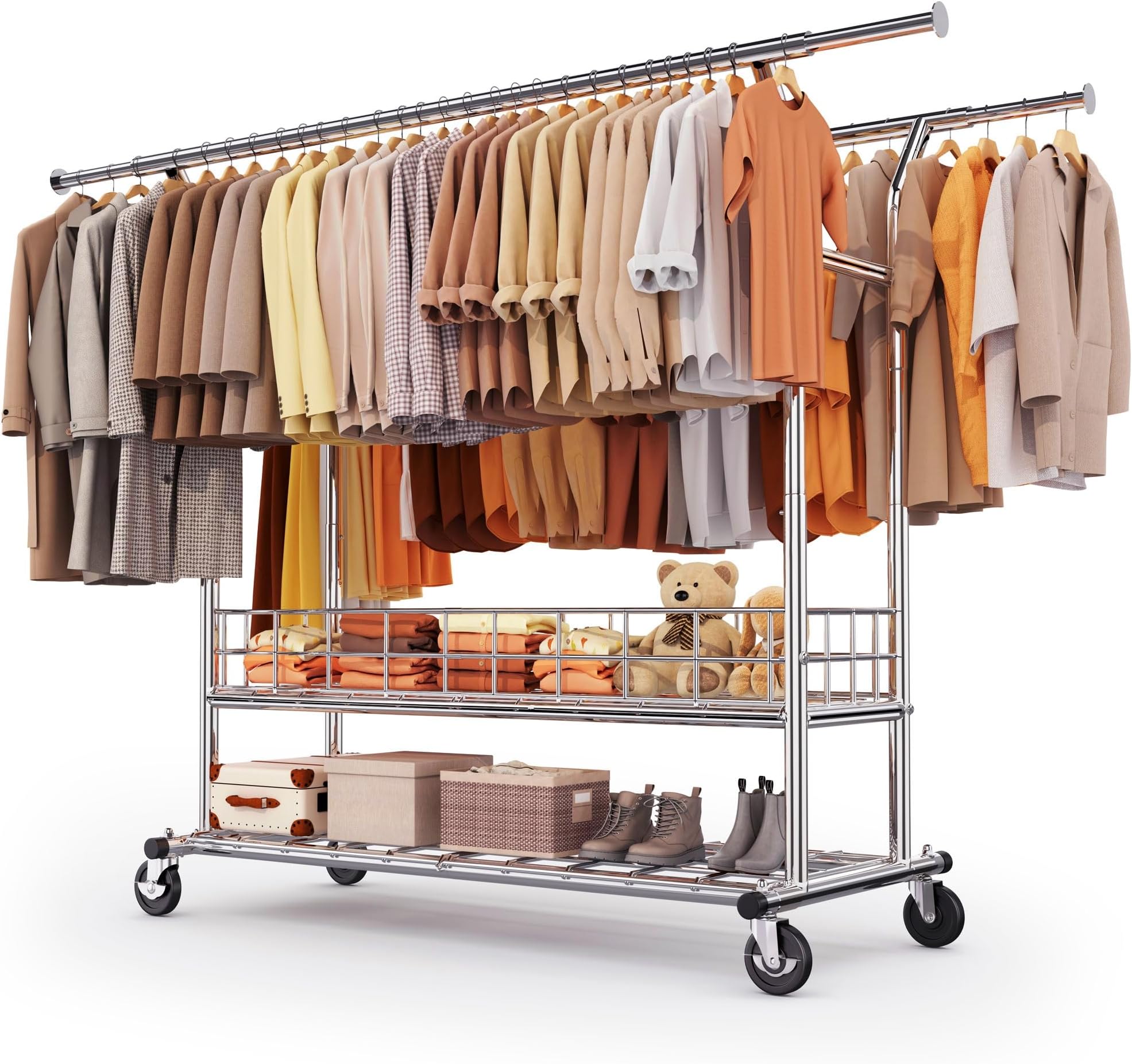 HOKEEPER Heavy Duty Clothes Rack, Rolling Garment Rack with Wheels, Double Rod with Metal Basket, for Bedroom, Living Room