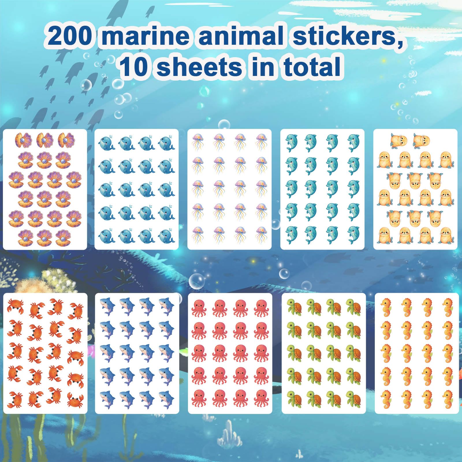 10 Sheets Ocean Stickers for Kids 200pcs Under the Sea Animal Stickers Cute Sea Creature Life Labels Waterproof Ocean Theme Party Favor Decorations for Water Bottle Computer Craft Supplies - Image 3