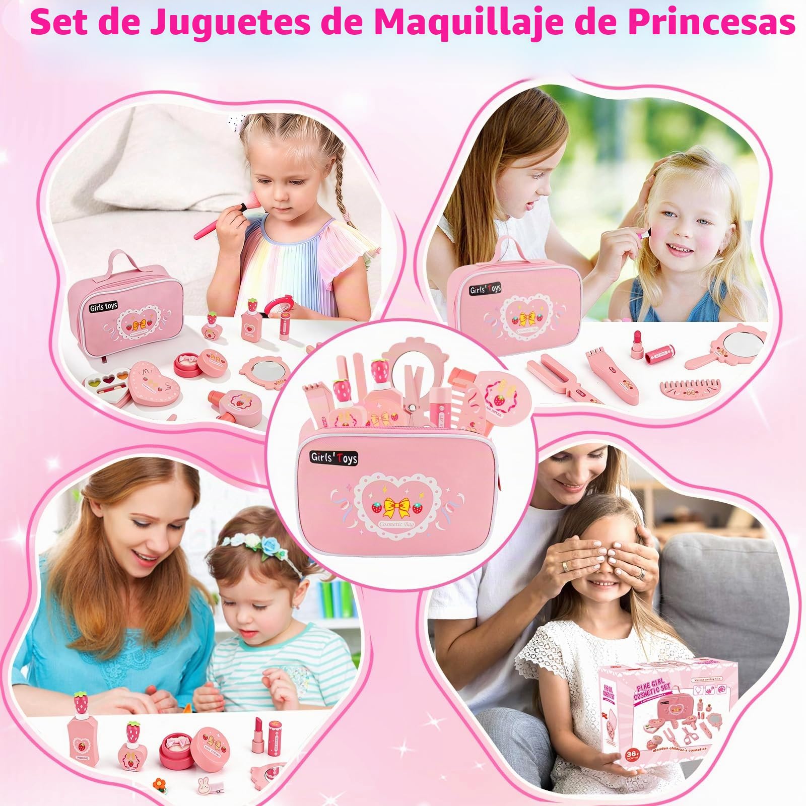 Set Maquillaje de Madera Niña,Juguetes de Belleza de Madera,Juguete de Maderas Juego de rol,Kit de Maquillaje Feating con Bolsa Comestic Accesorios Regalo Cumpleaños para Niños 3 4 5 6 Años