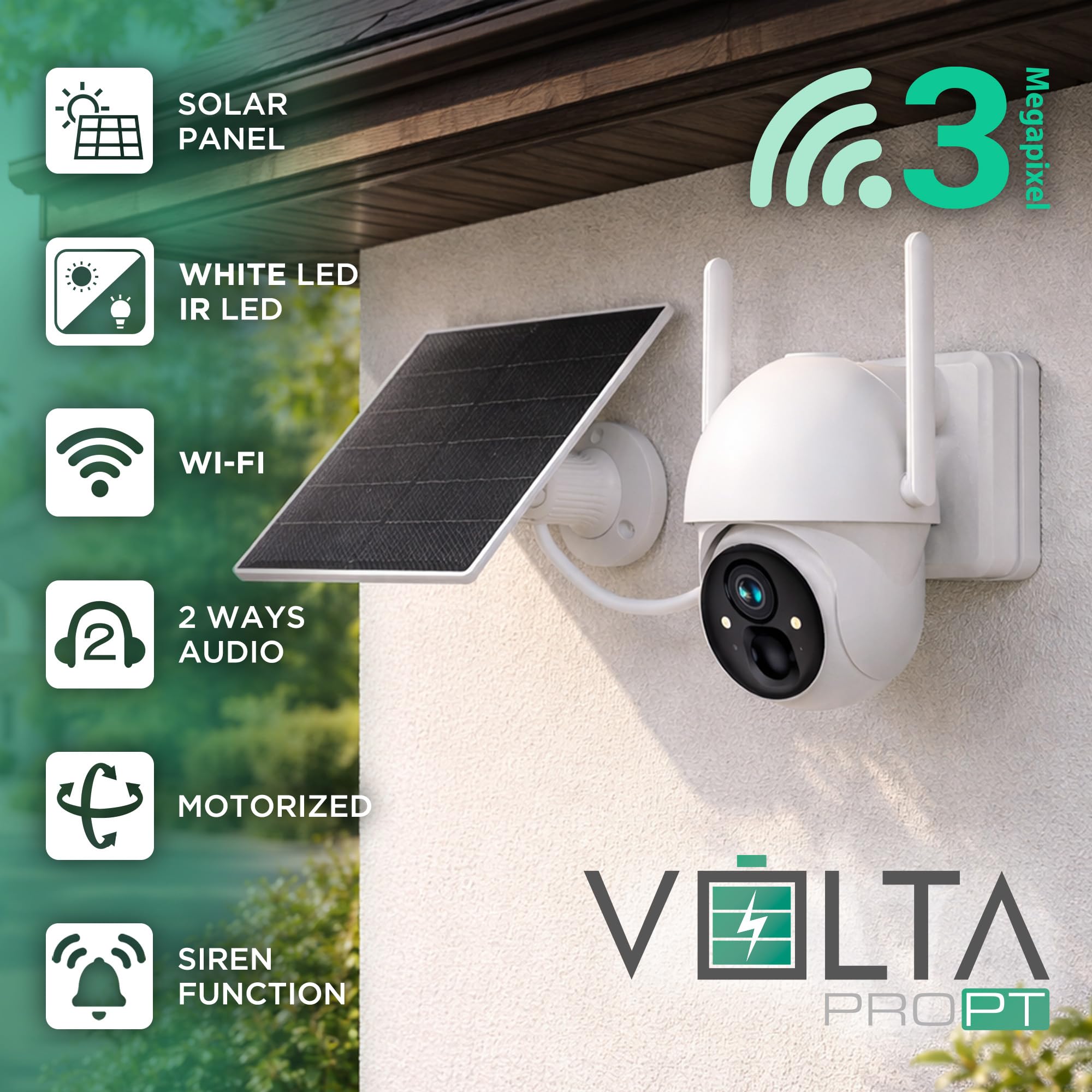 Atlantis Volta Pro PT Telecamera Wi-Fi 3MP motorizzata con solare | A batteria, visione IR/LED, IP65, audio 2 vie, movimento, MicroSD, app, notifiche e cloud, cod. A16-VL88P