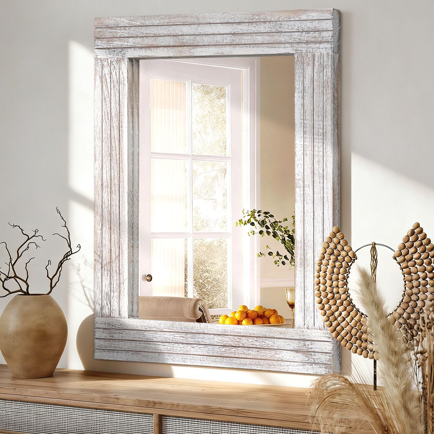 HLFMVWE Mirrors for Wall Rustic Wooden Frame Rectangle Mirror Vintage Hanging Mirror for Bedroom Bathroom Living Room Farmhouse Wall Decor White Large 40x50cm