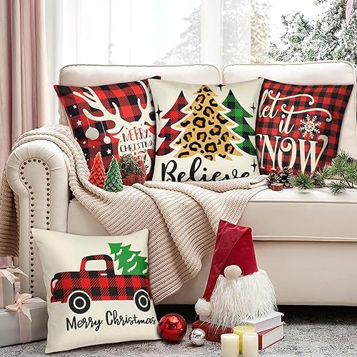 Miniatura 2 de FINPAC Juego de 4 fundas de almohada de Navidad de 18 x 18 pulgadas, serie navideña, leopardo, árbol de Navidad, cuadros rojos, ciervos, patrón de