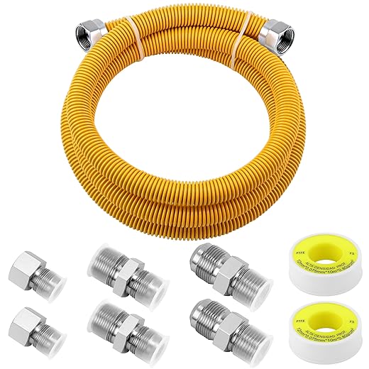 AMI PARTS 72" Flexible Gas Line Kit Yellow Coated, Gas Hose Connector Kit for Dryer, Stove, Water Heater,5/8" OD(1/2" ID) Stainless Steel Gas Line with Connector 1/2" MIP &1/2"FIP & 3/4"MIP Fitting