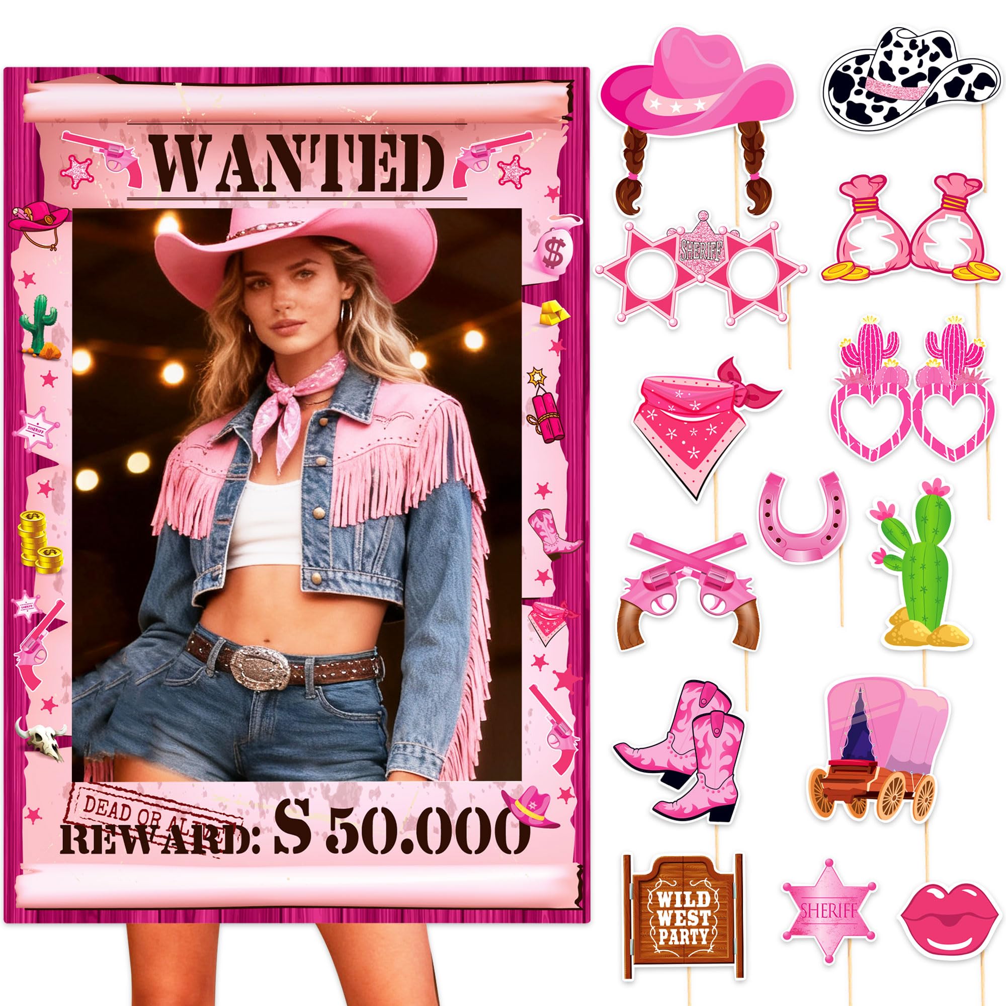 Cowgirl Photo Booth Props Kit Pink Western Party Decorations Cowgirl Cowboy Selfie Frame Photo Props Western Theme Birthday Bachelore Party Favors Supplies
