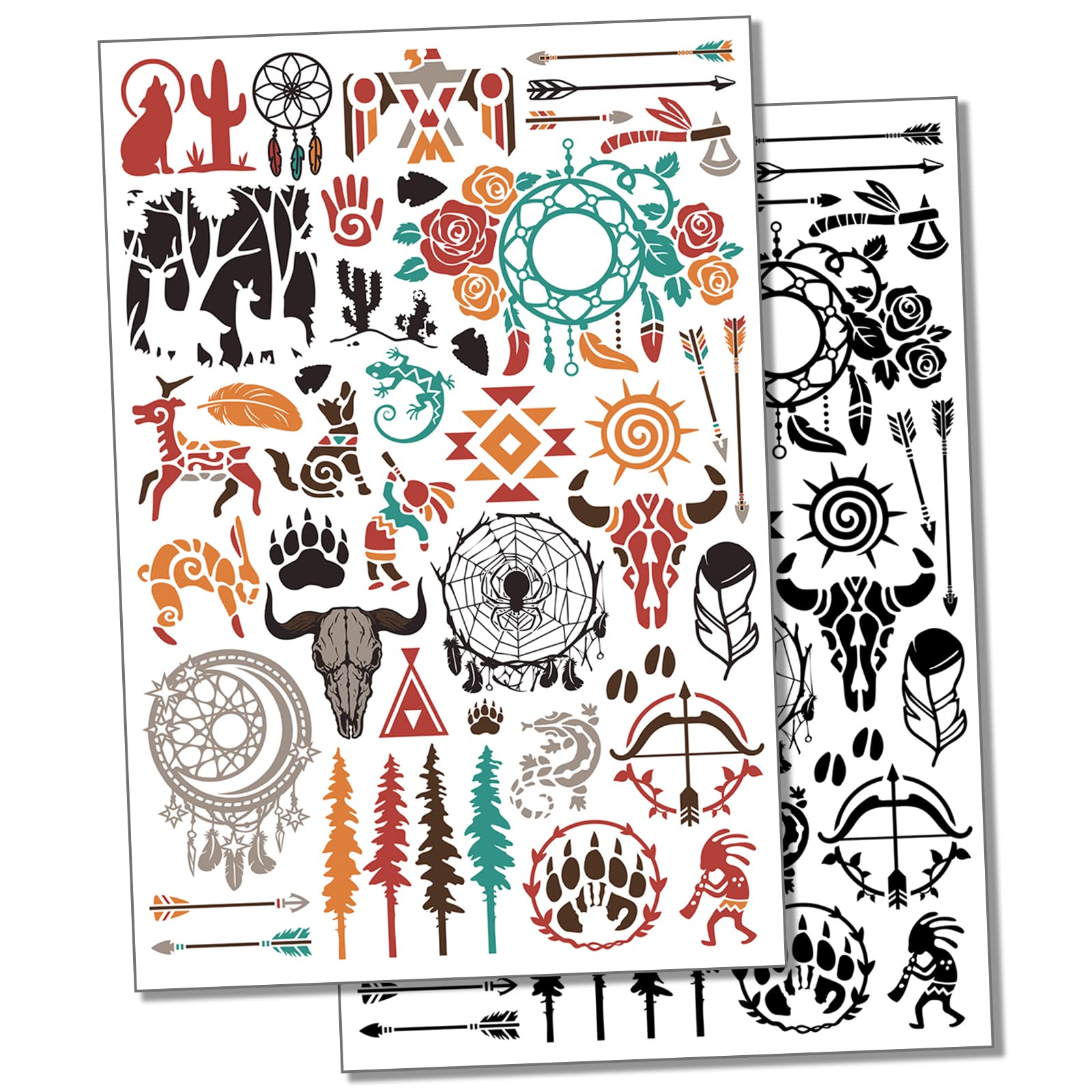Southwest Native American Temporary Tattoo Water Resistant Fake Body Art Set Collection - Black (One Sheet)