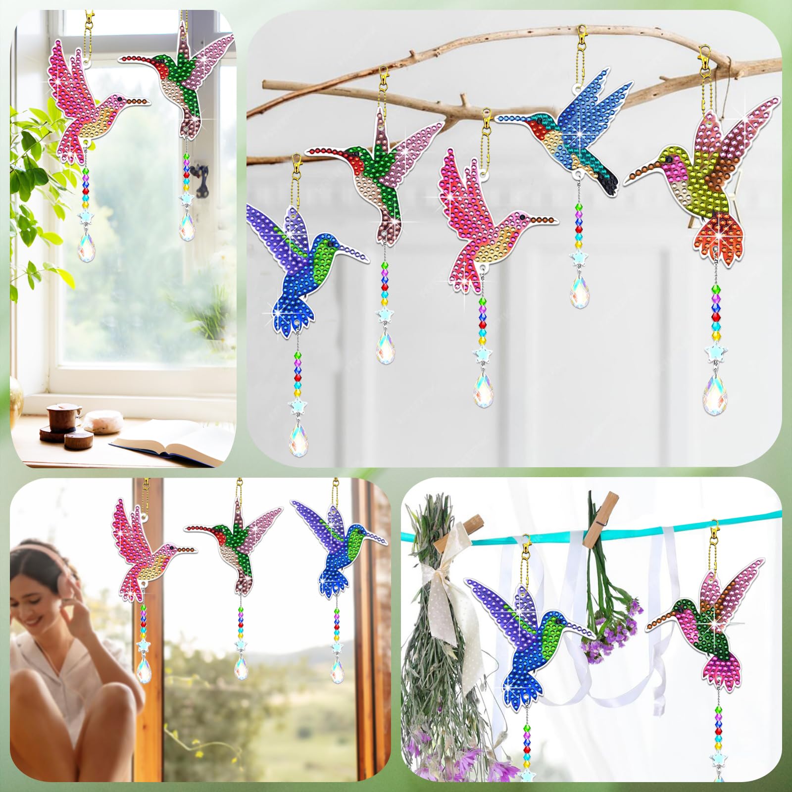 MWOOT 3 Pezzi Acchiappa-Sole in Cristallo, Pittura Diamante Campane a Vento, 5D DIY Diamond Art Painting Wind Chimes Ciondolo Ornamento pour Giardino Décoration (Luna+Cuore+Mandala