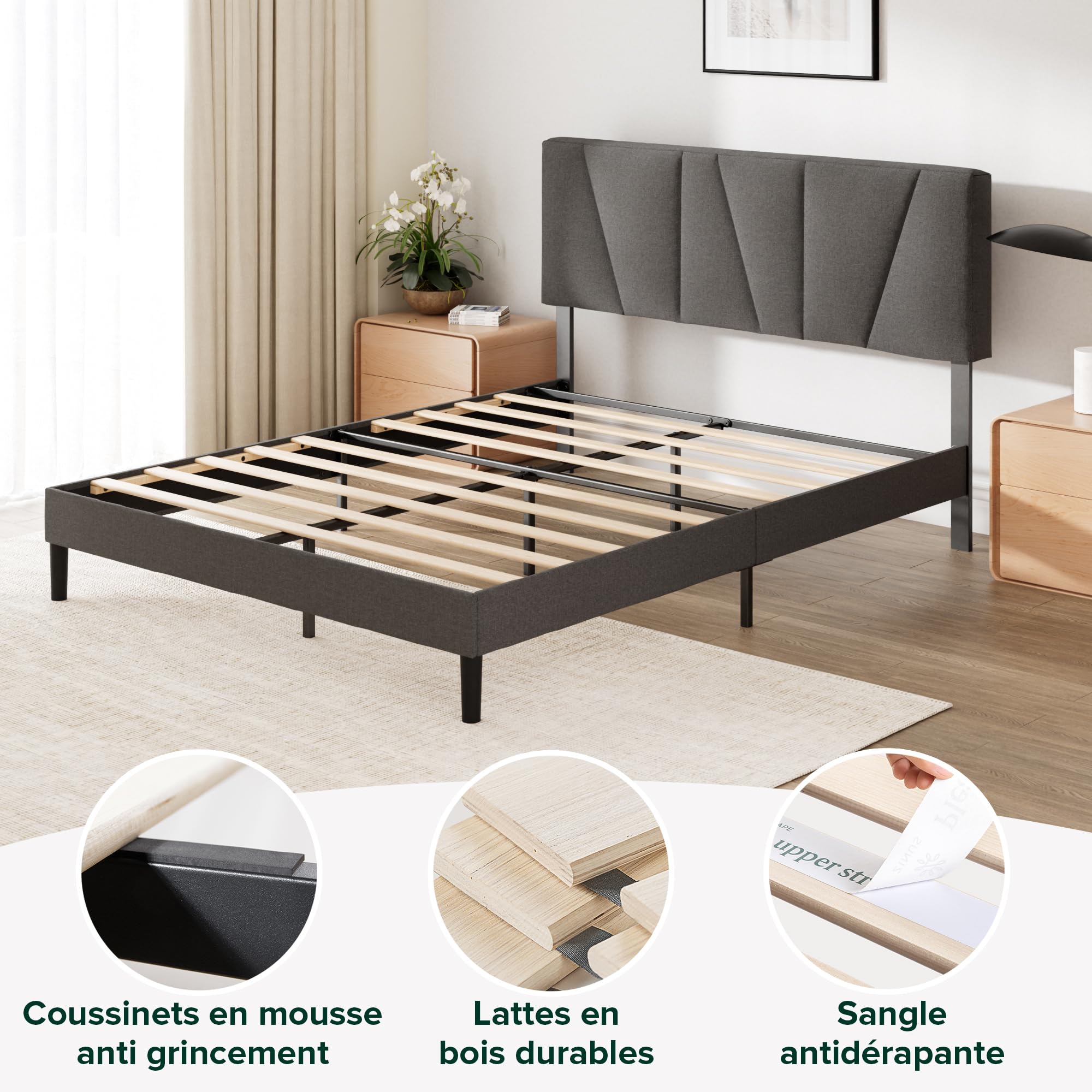 Zinus Maya Sommier 140x190 cm avec Lattes en Bois - Hauteur 30 cm - Cadre & Tête de Lit 2 Personnes Tapissier - Montage Facile - Gris Foncé