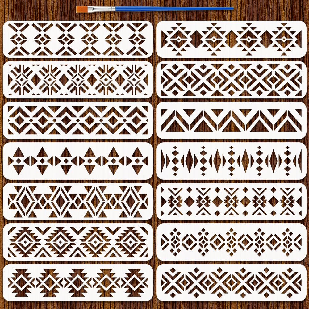 FINGERINSPIRE 14 Pz Stencil Decorativo Azteco con Pennello, 30x7.5cm 14 Stili Stencil per Pittura con Motivi Aztechi Temi a Rombo in PET Stencils per Pittura su Piastrelle da Parete Pavimento in Legno