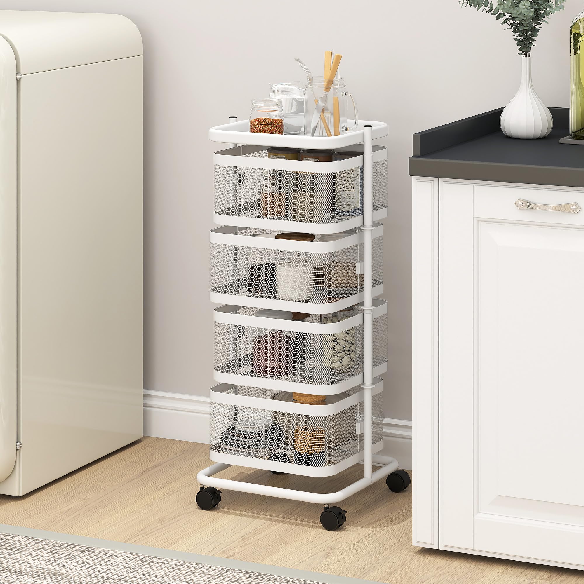 HOMCOM Resserre 4 paniers rotatifs sur Roues, Chariot de Rangement de Cuisine, Panier à légumes et Fruits avec Plateau supérieur, étagère en Fil d'acier, pour Cuisine, Salon et Chambre, Blanc
