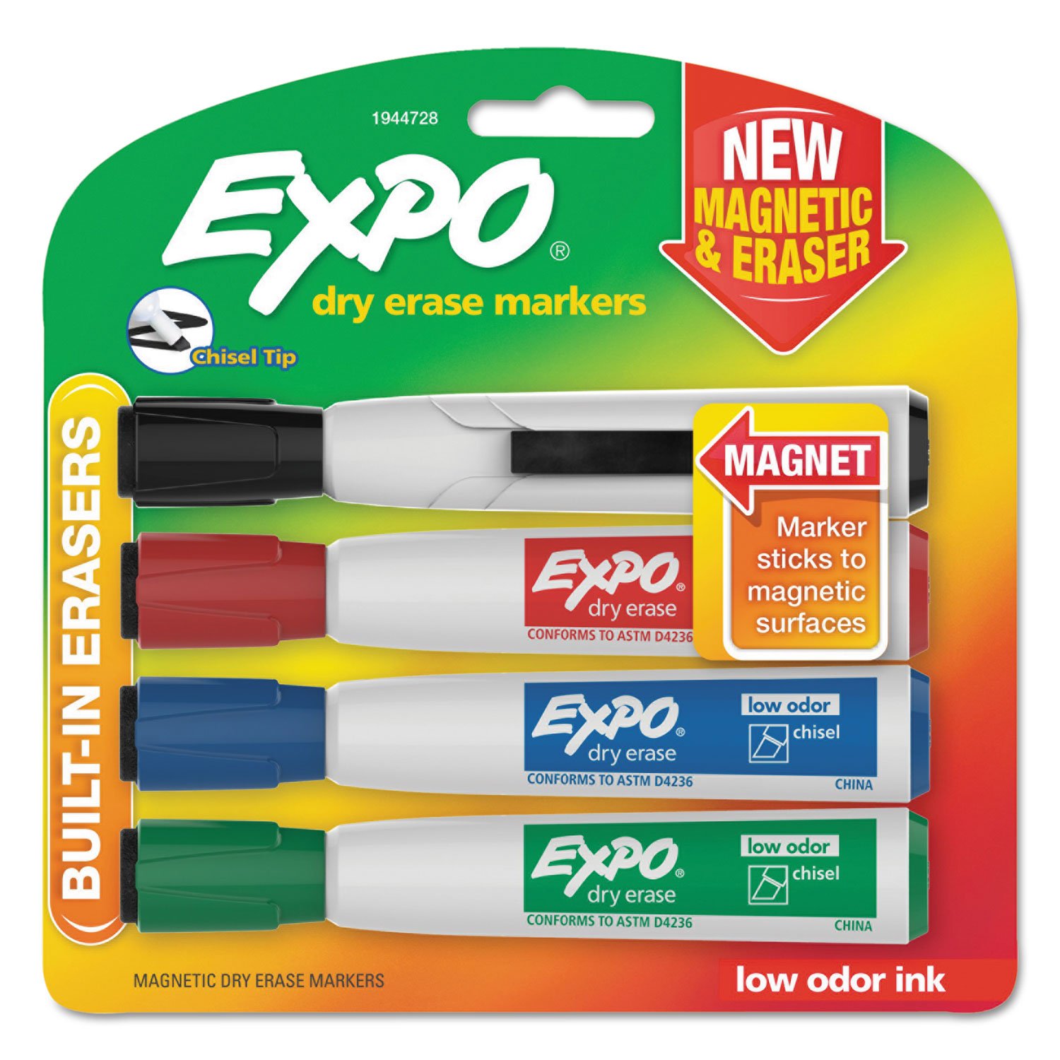 EXPO 1944728 Magnetic Dry Erase Marker Chisel Tip Assorted 4 Pack