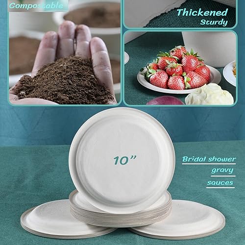 Miniatura 4 de Platos compostables de 10 pulgadas paquete de 100 Platos de cena resistentes Platos desechables ecológicos, hechos de fibra de caña de azúcar