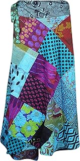 Mogul Interior Womens Wrap Around Skirts, Blue Retro Wrap Skirt Hippy Patchwork Cotton Skirts Bohemian Fashion One Size