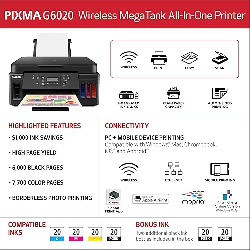 Miniatura 6 de Canon PIXMA G6020 - Impresora inalámbrica todo en uno Supertank (Megatank), copiadora y escaner con impresión móvil, funciona con Alexa, color negro