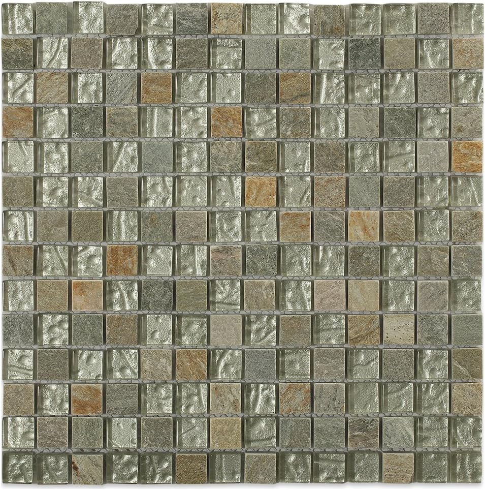 Splashback Tile GEO SQUARES GREEN QUARTZ Tectonic Squares Green Quartz Slate and White 12" x 8mm Glass Mosaic Floor and Wall Tile