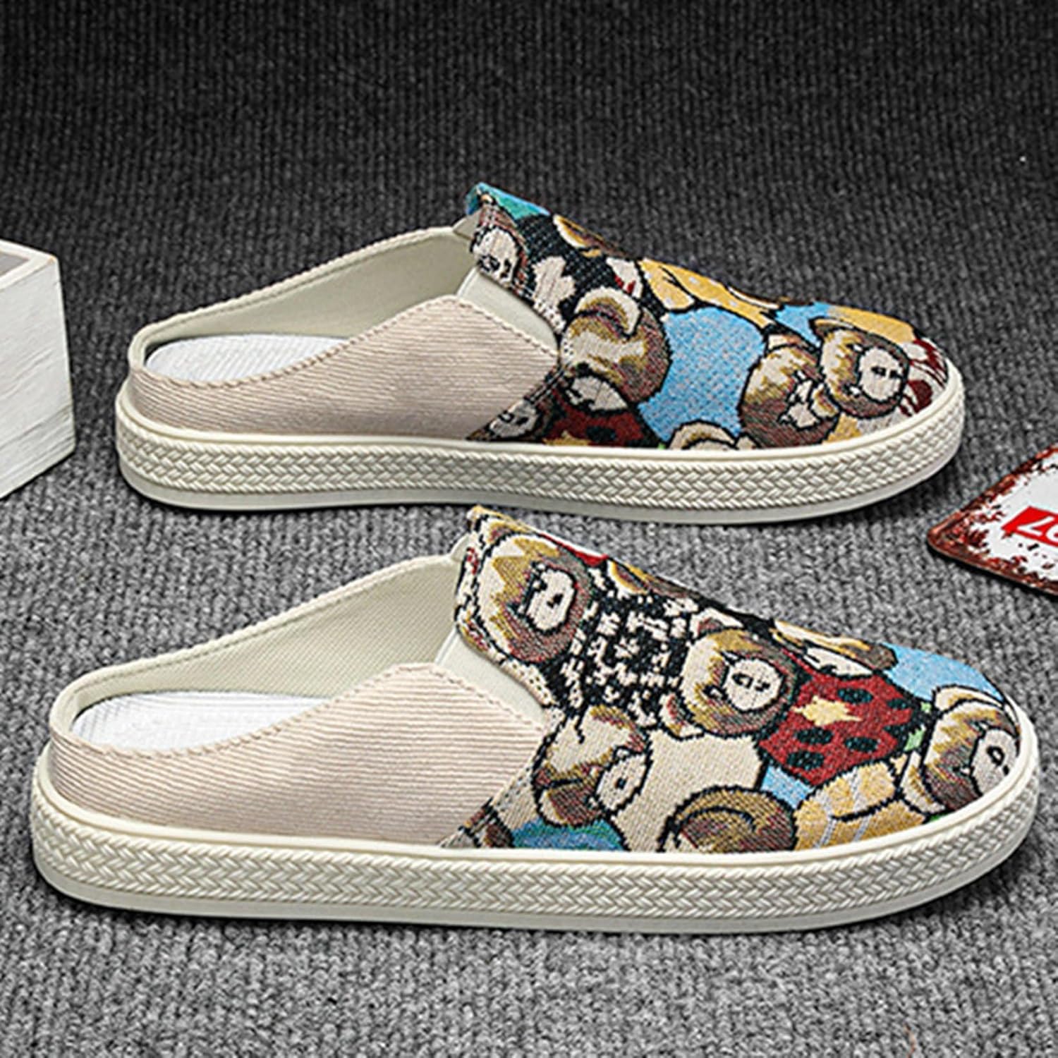 [GUREITOJP] 熊柄 エスパドリーユ スリッパ メンズ 麻 サンダル ドライビングシューズ 夏用 ジュート ローカット 蒸れ