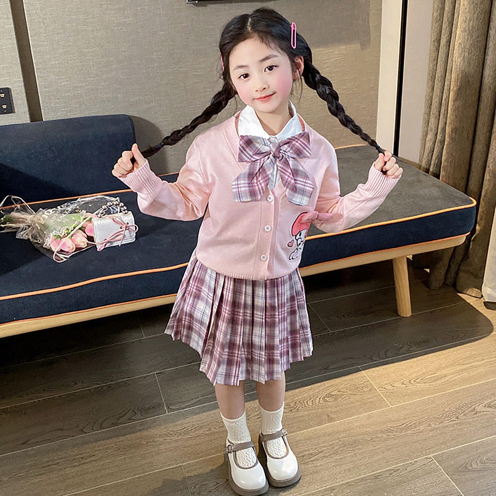 Kuro-mi My Me-lody JK Girls Uniform Set V-Neck Mesh Cardigan Plisowana spódnica w kratę Koszula + Muszka