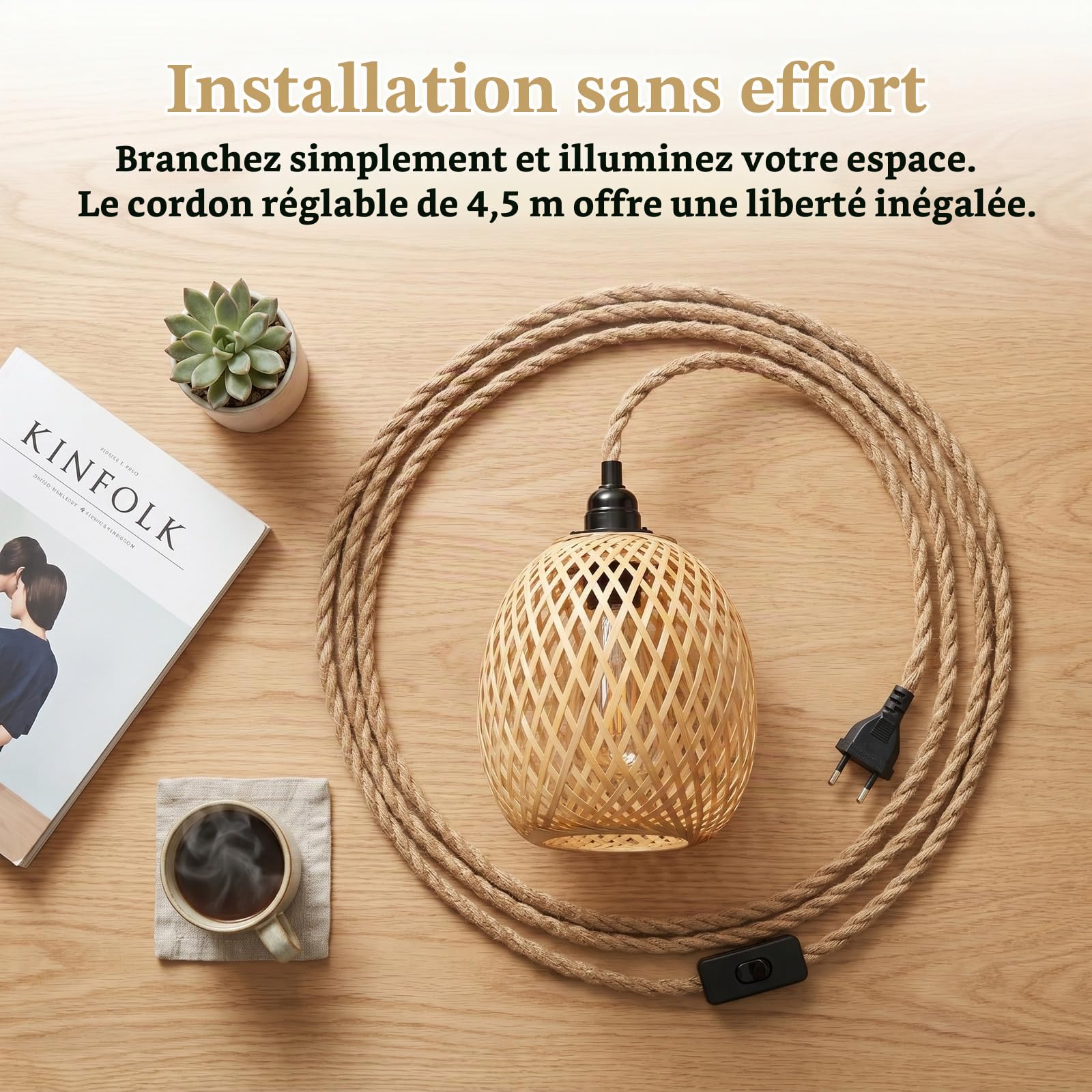 Colexy Suspension Luminaire Bambou avec Câble 4,5m et Prise, Lustre Chambre Corde de Chanvre E27 avec Interrupteur, Abat-Jour Rotin Naturel Style Bohème pour Salon, Cuisine et Décoration Intérieure