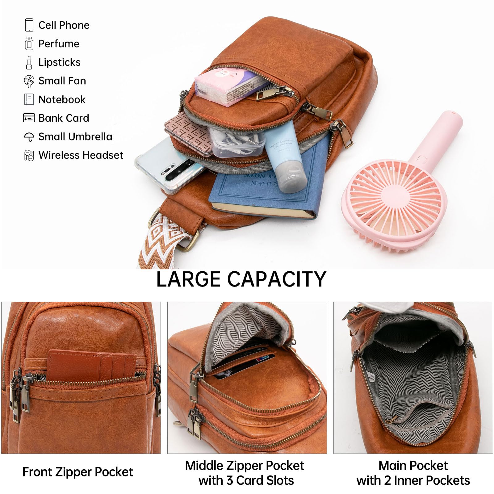 Long Keeper Sac de Poitrine Cuir Femme Homme, Petit Sacs à Dos Porté Travers Sling Bag Imperméable Sacoche Femme Bandouliere pour Voyage Randonnée Vélo Sports