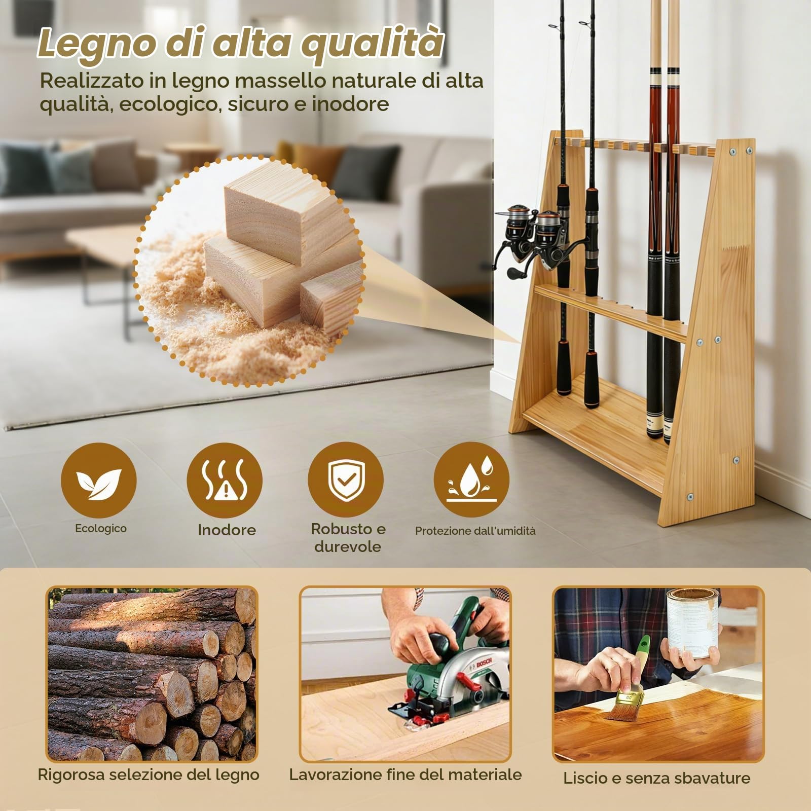 Supporto per canna da pesca in legno, per 10 canne da pesca, attrezzatura da pesca, stecche da biliardo, attrezzatura da pesca, idea regalo per uomini, pescatori, papà, 60 x 18 x 58 cm