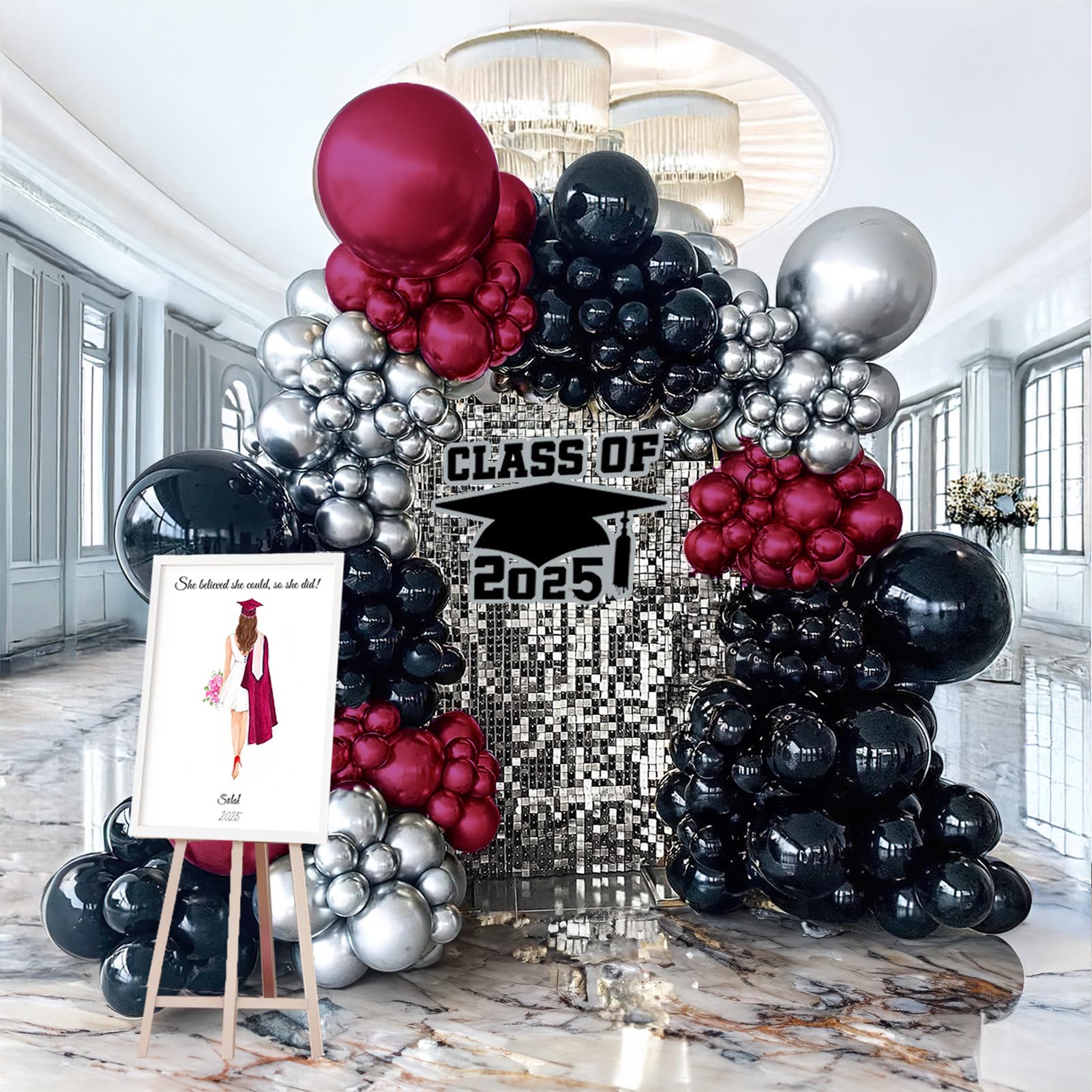 yeewaka Burgundy and black silver balloon garland arch kit 160pcs Maroon black balloons for graduation class of 2025 Prom Wedding Birthday baby shower