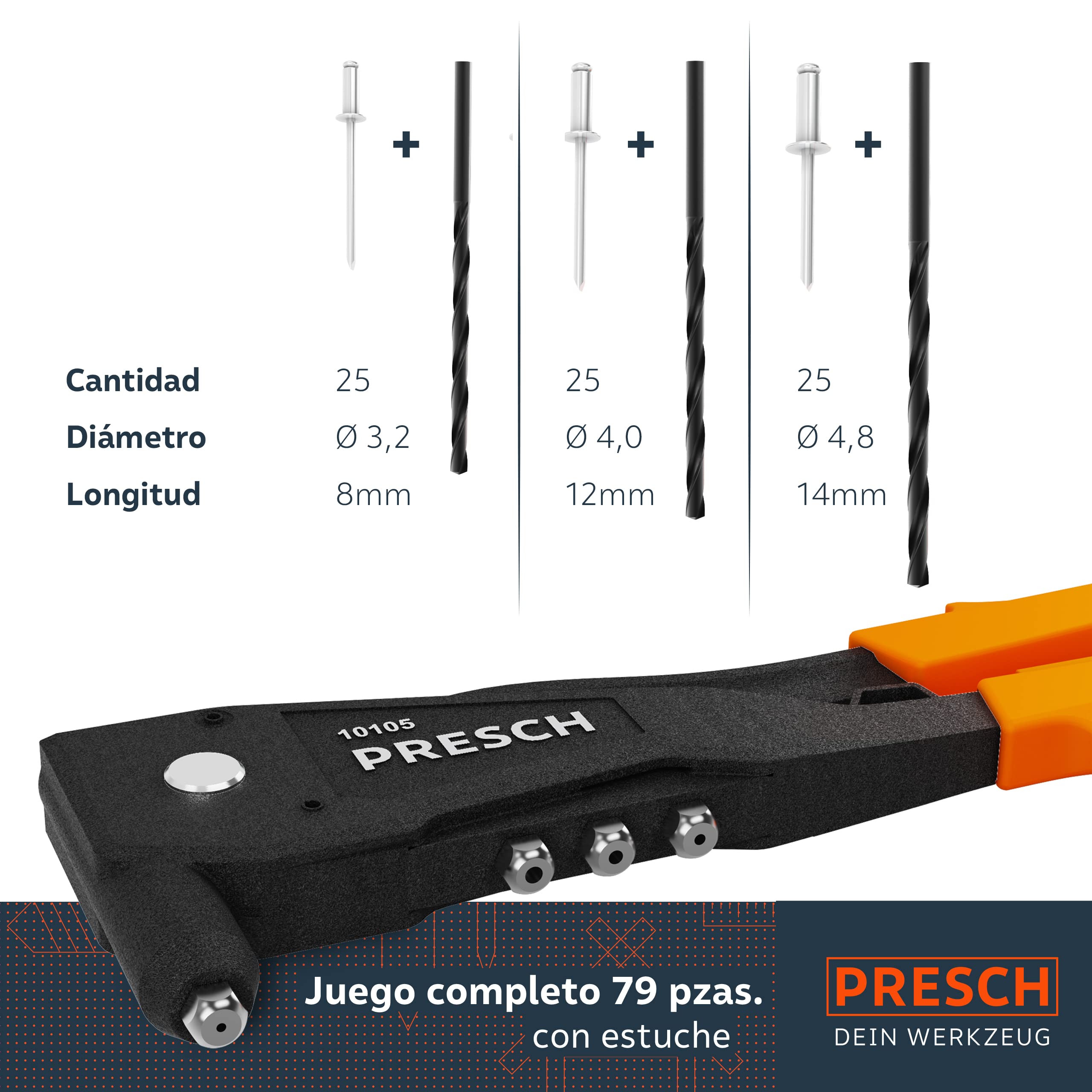 PRESCH Set de Remachadora Manual con 79 piezas en el maletín - Inc. 75 remaches ciegos, brocas HSS a juego y llave de montaje con calibre de remaches - Set todo incluido de tenazas remachadoras