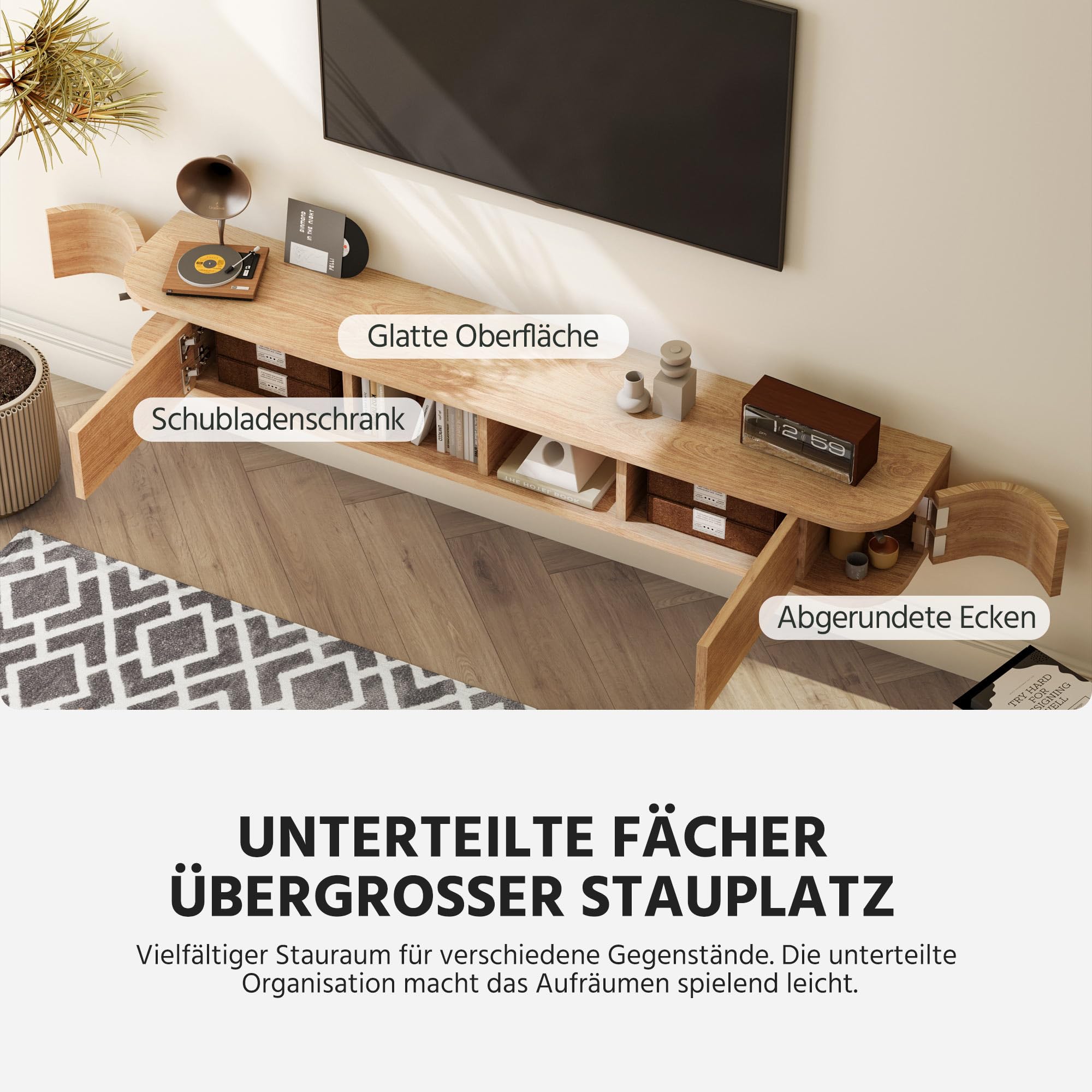 Schwebendes TV-Regal, 160 cm Wandmontiertes TV-Board mit Stauraum & Abgerundeten Ecken, Hängendes Medienboard mit Türen für Schlafzimmer und Wohnzimmer (Naturholzfarbe)