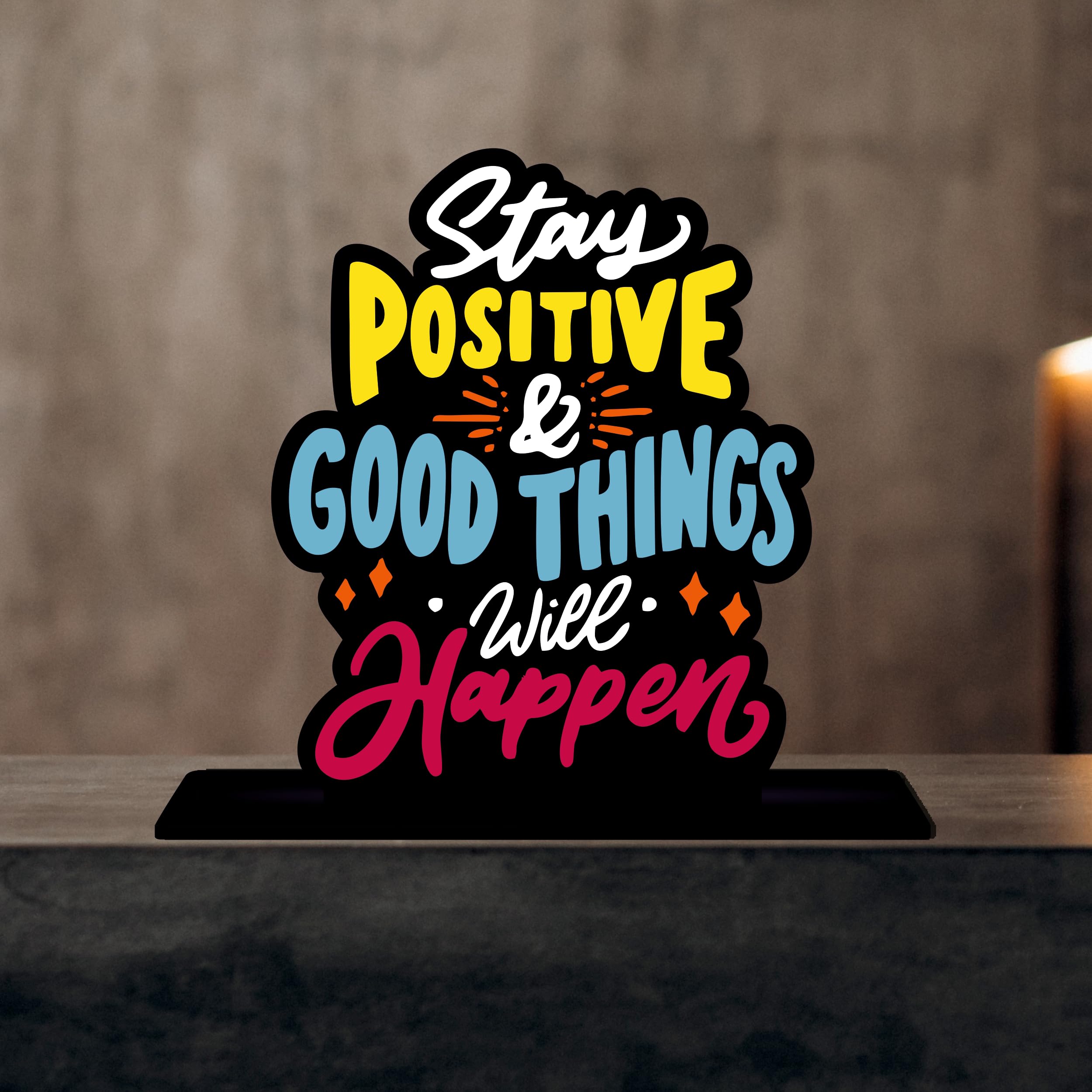 Wooden Fantasy Idols and Figurine Stay Positive Quotes Table Decoration for Office Desk|Home Decor Item|Living Room|Modern Art Wood Showpiece Gift Item(Tp-59)