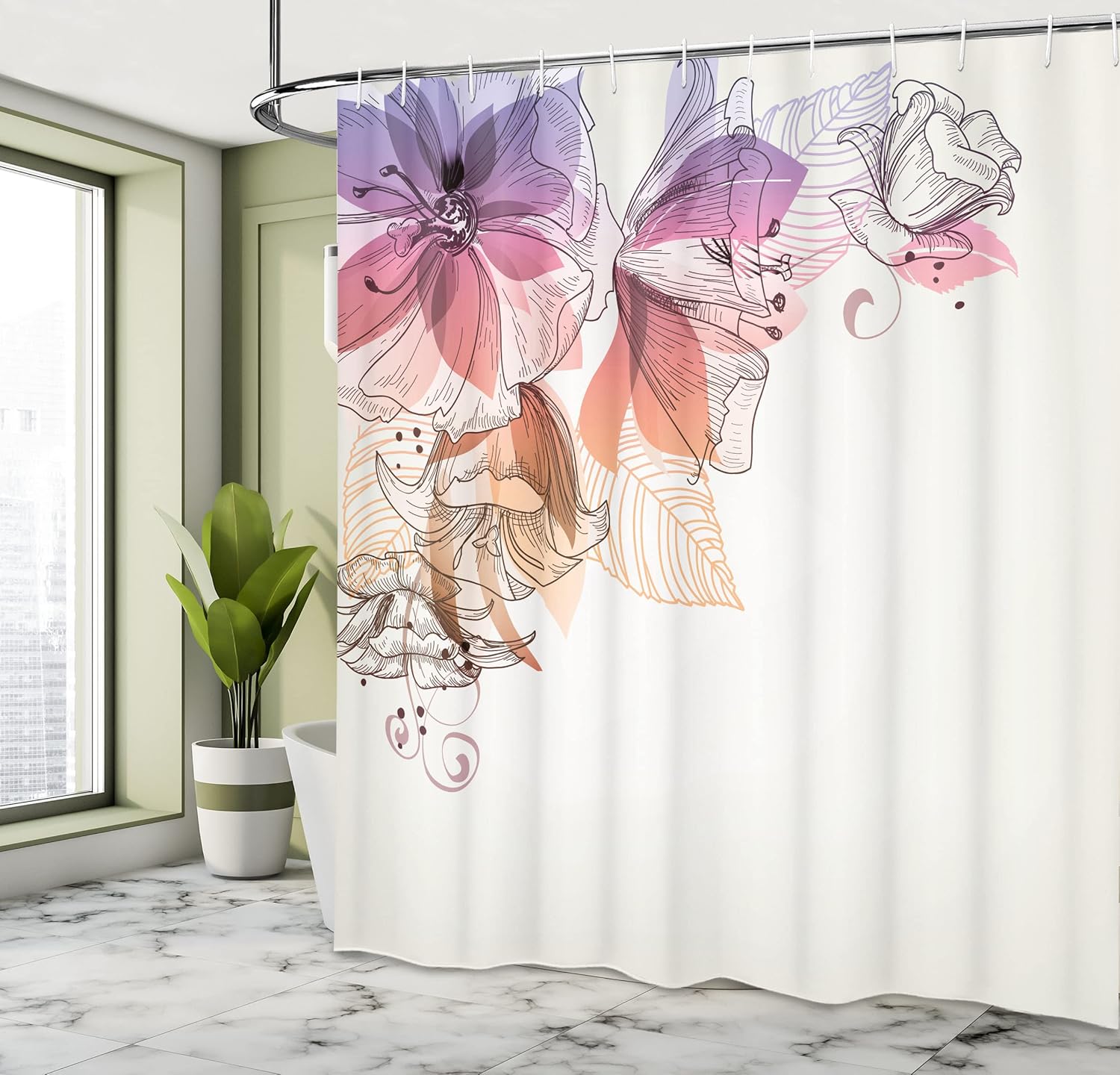 Ambesonne Flowers Shower Curtain, Buds Leaf at The top Left Corner Season Celebrating Theme Illustration, Cloth Fabric Bathroom Decor Set with Hooks, 69" W x 70" L, Purple Pink Peach