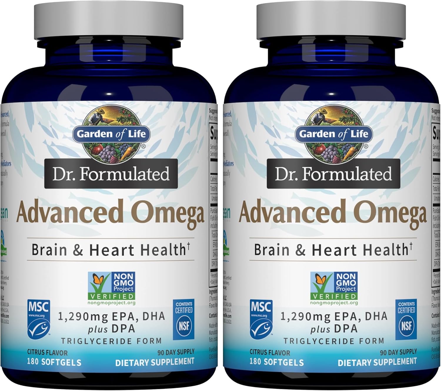 Garden of Life Dr. Formulated Advanced Omega Fish Oil - Lemon, 1,290mg EPA, DHA + DPA in Triglyceride Form, Single Source Omega 3 Supplement for Ultimate Brain & Heart Health, Non-GMO, 60 Softgels