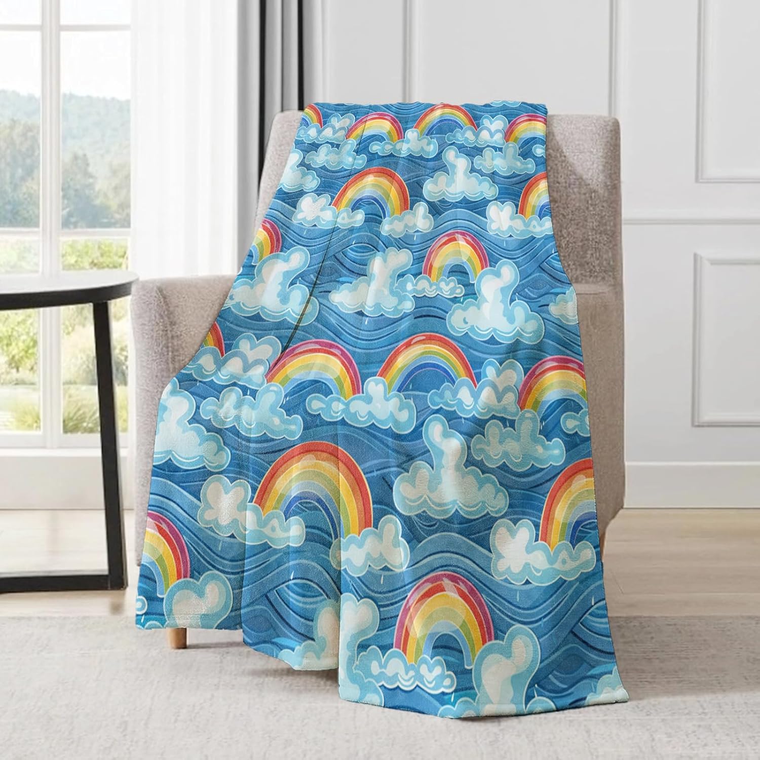 Colorful Rainbow Throw Blanket 50x60 in, Fluffy Cloud Design Blankets for Couch Bedroom Living Room Indoor Decor, Lightweight Soft Cozy Bedding Birthday Gift for Kids Boys Adults