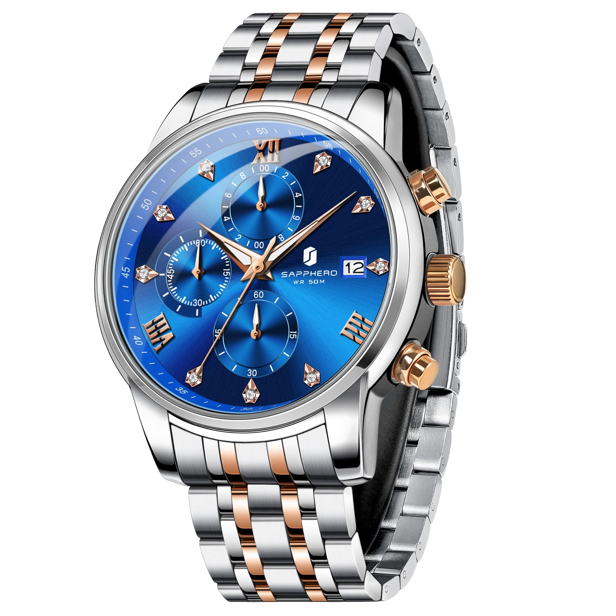 SAPPHERO Watches for Men Easy-to-Read Sliver Stainless Steel Watches Men Luxury Mens Watch Waterproof Chronograph Birthday Christmas Fathers